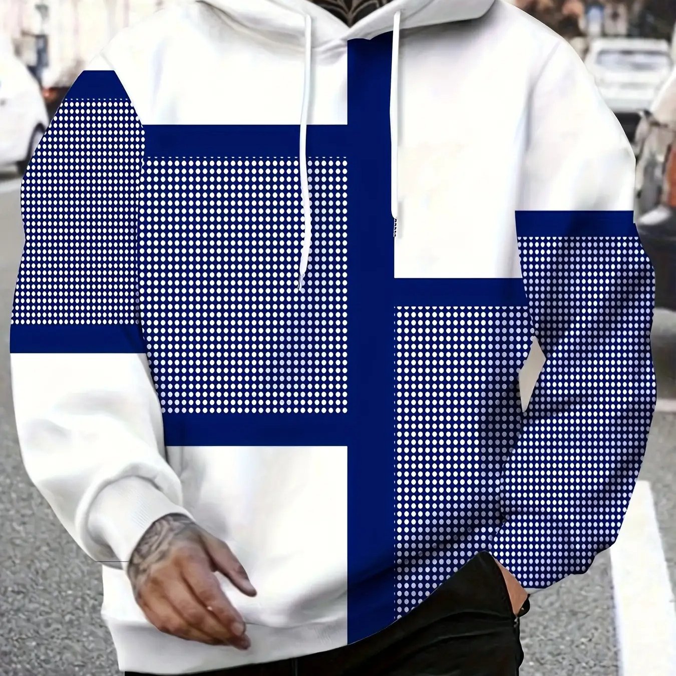 Mens Heavyweight Hoodie Geometric Pattern Sweatshirt