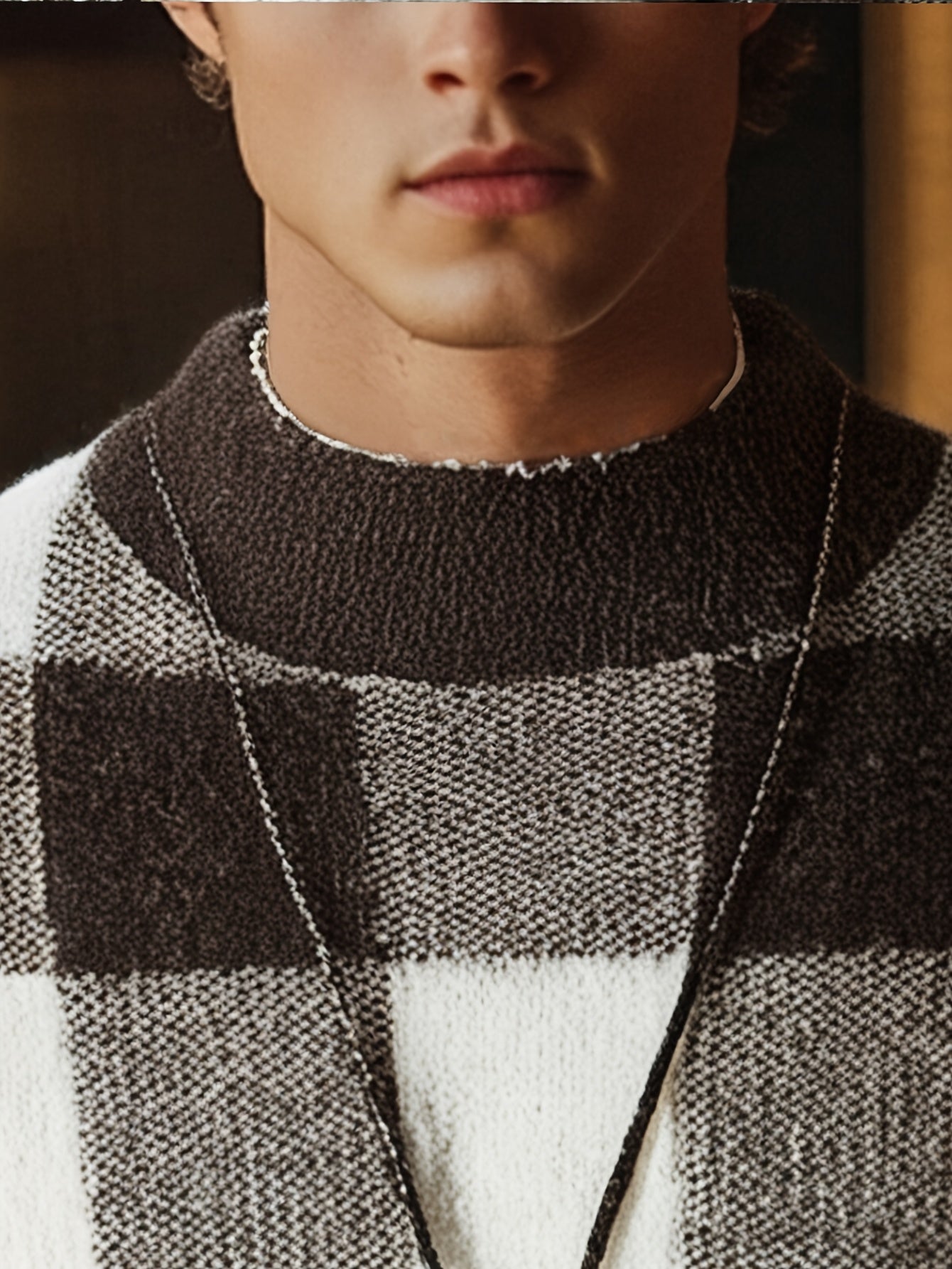 Men's Slim Fit Winter Plaid Sweater Warm Knit Round Neck