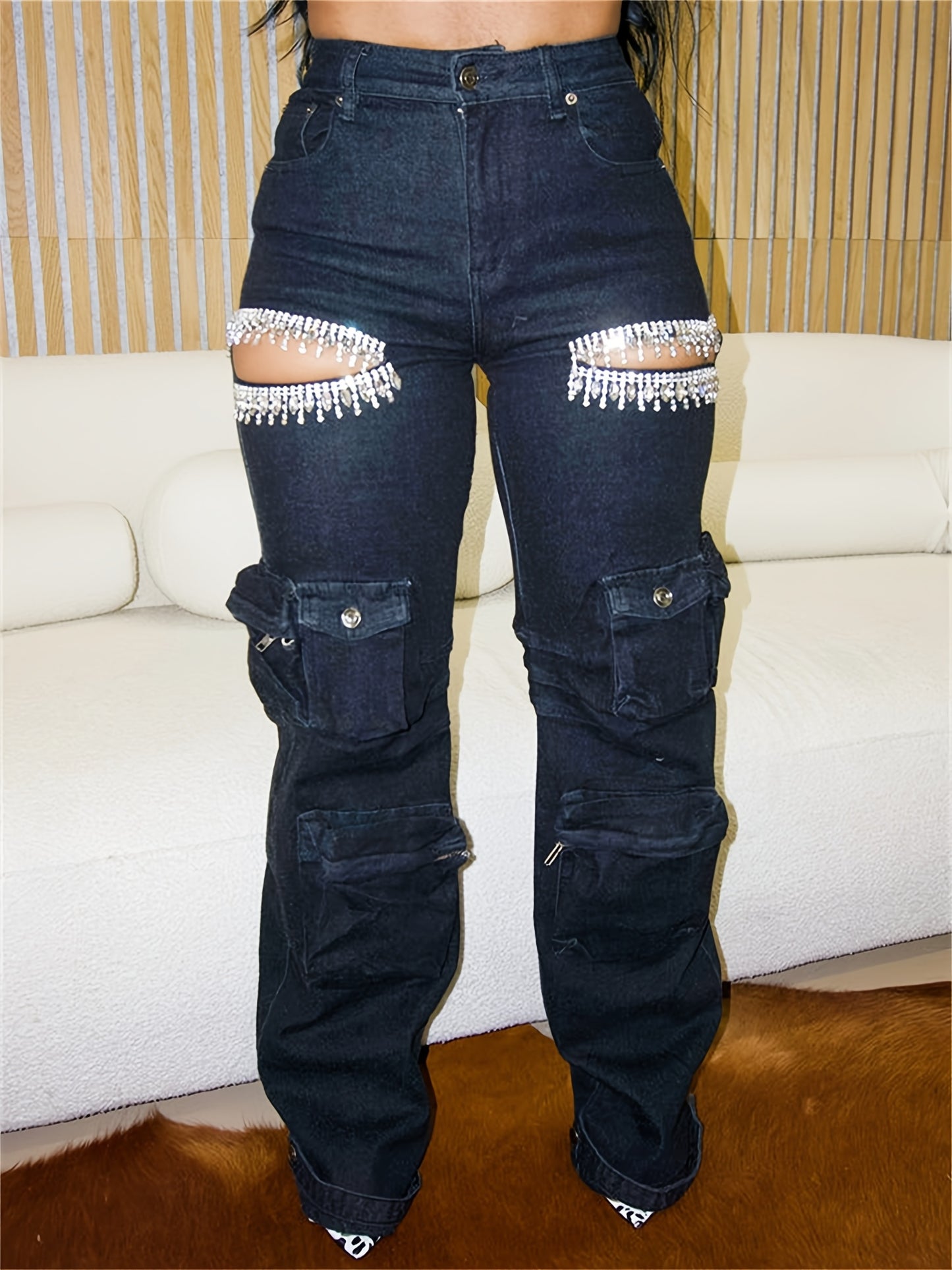 Womens Rhinestone Embellished Cargo Jeans High Rise Denim