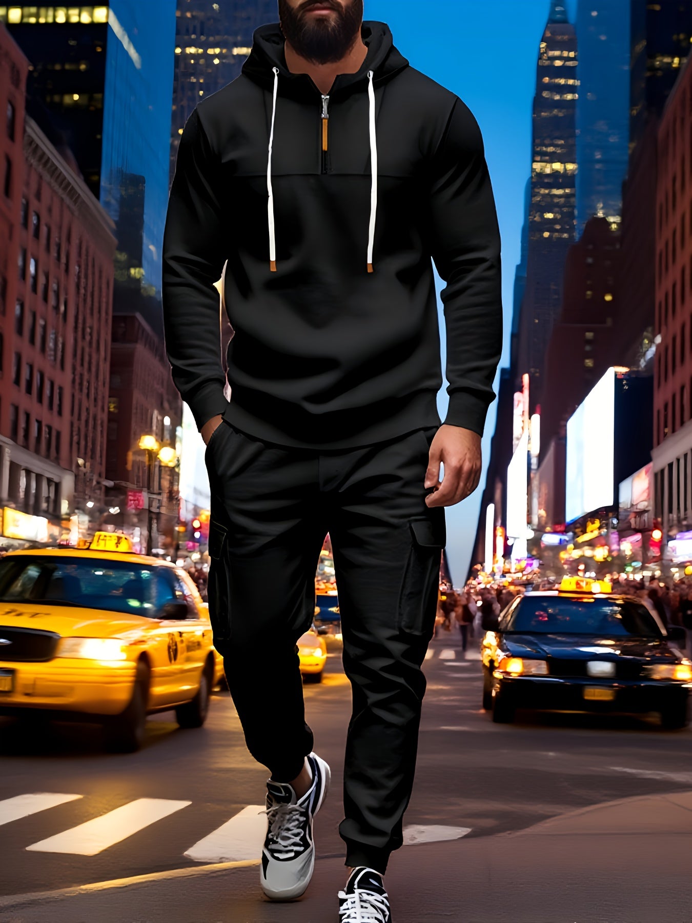 Mens Hooded Half Zip Sweatshirt Set With Cargo Joggers