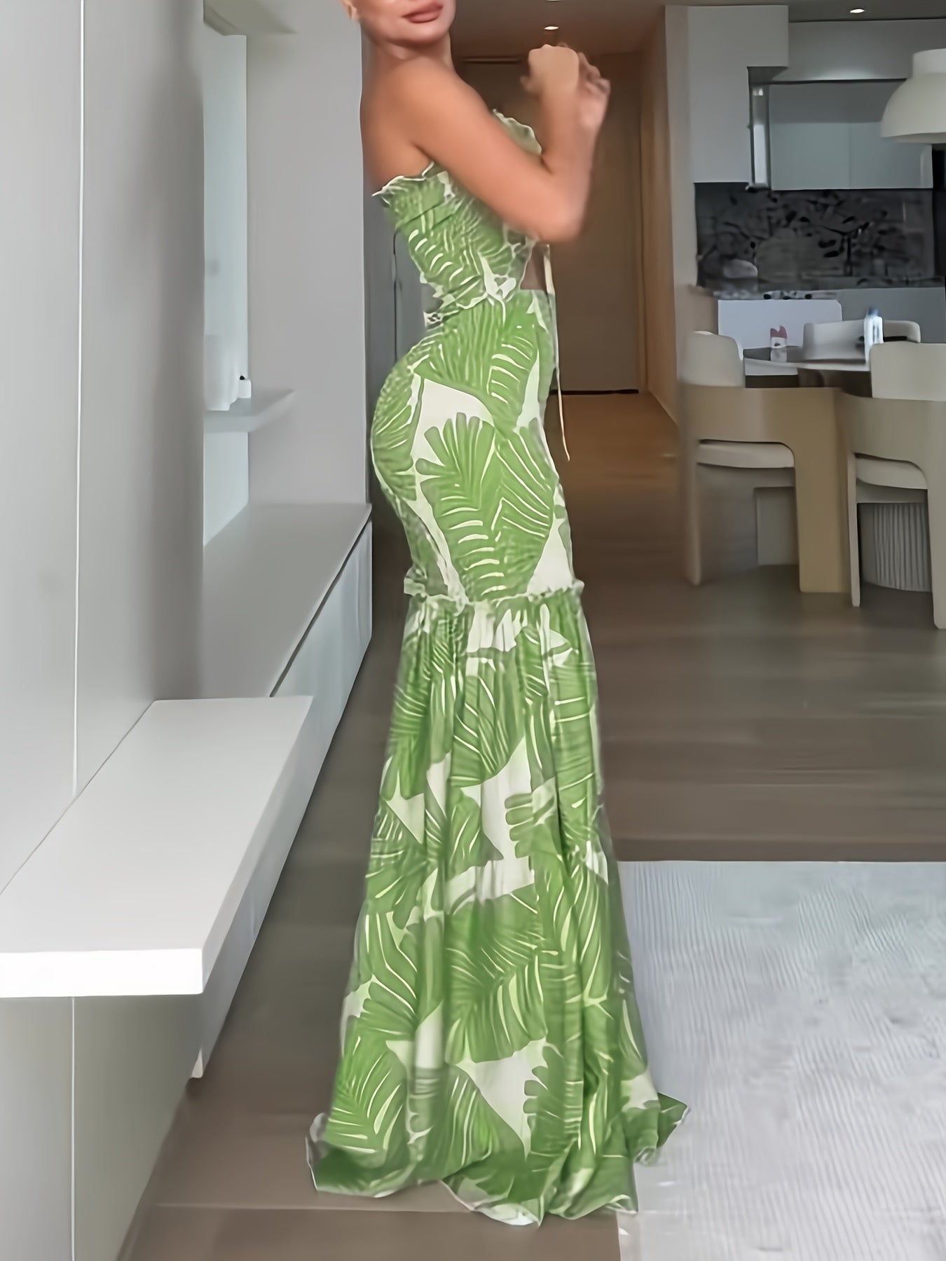 Tropical Print Bandeau Dress With Ruched Shirred Frill Hem