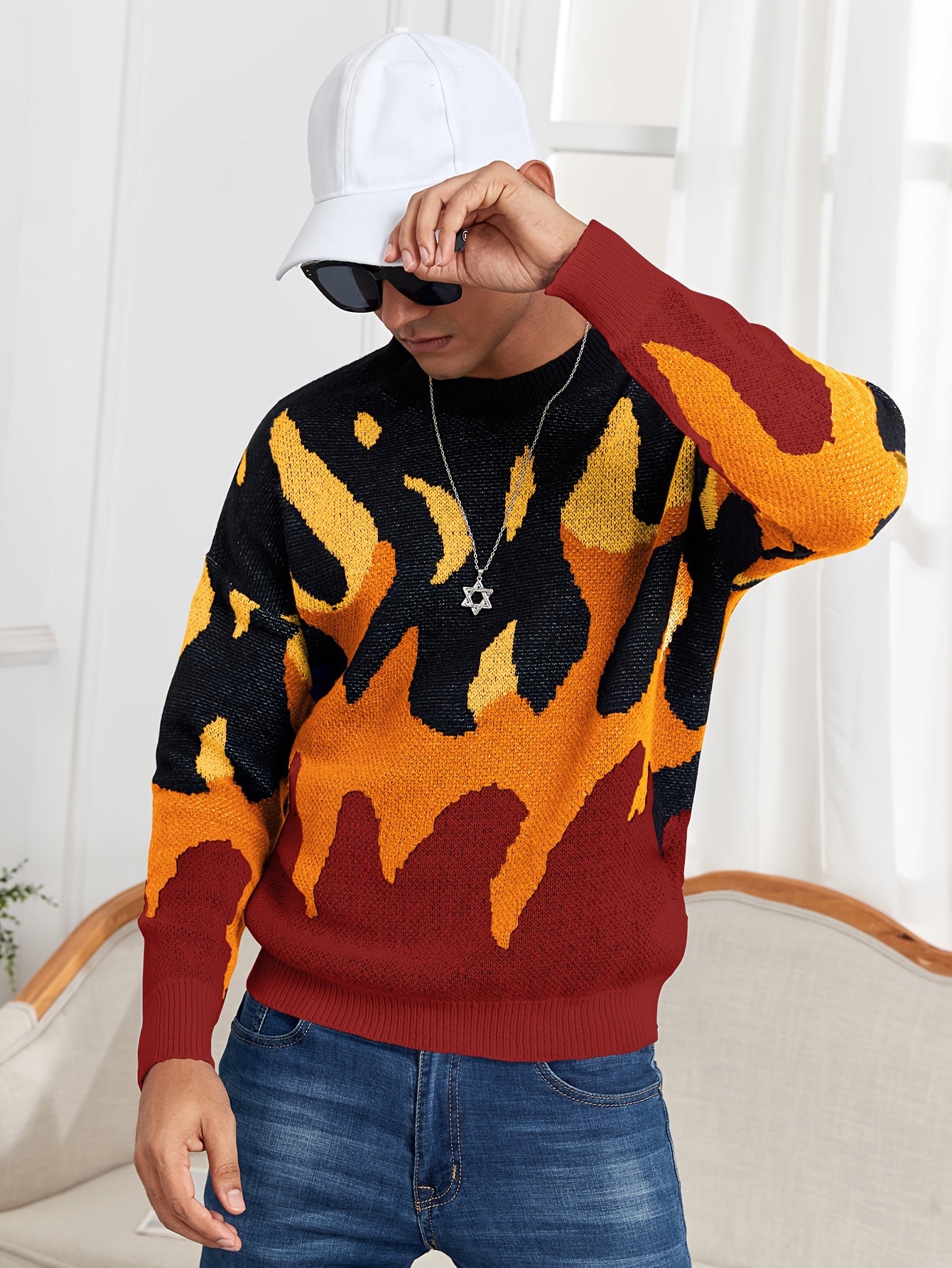 Oversized Crewneck Sweater Flame Graphic Knit For Men Women