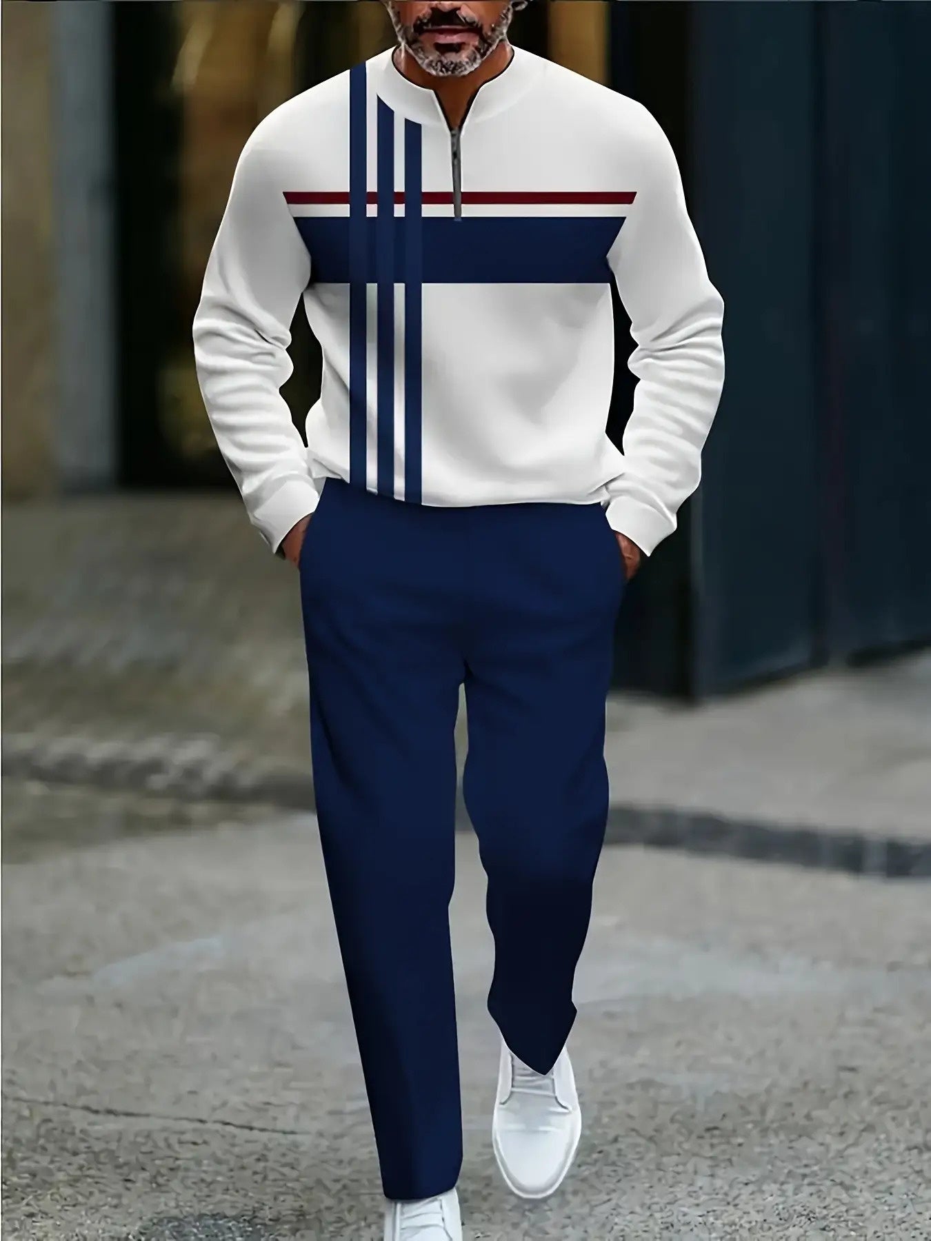 Men's Long Sleeve Tracksuit Set With Bold Contrast Stripes
