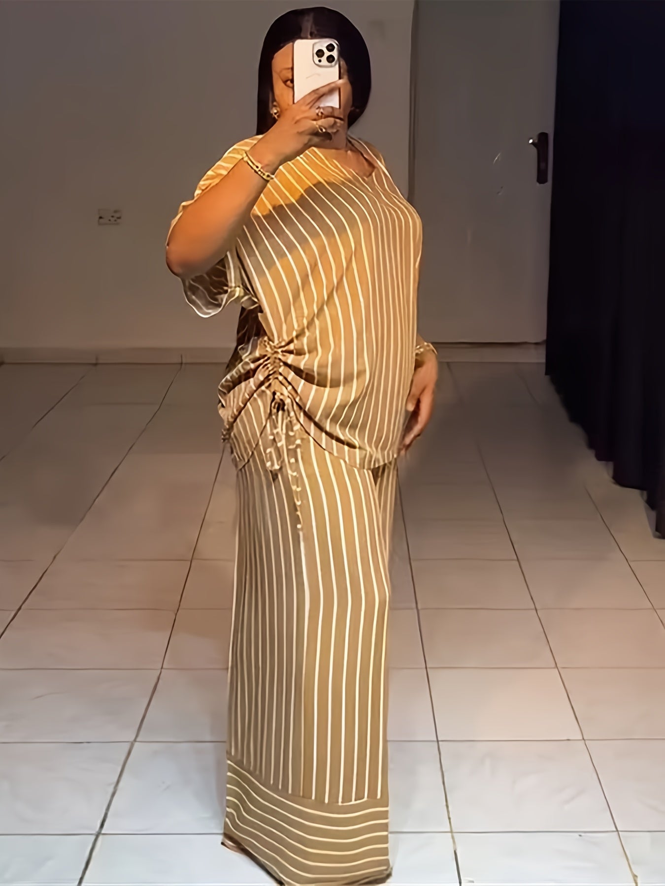 LAFOLIE Casual Striped Polyester Two Piece Set With Pockets
