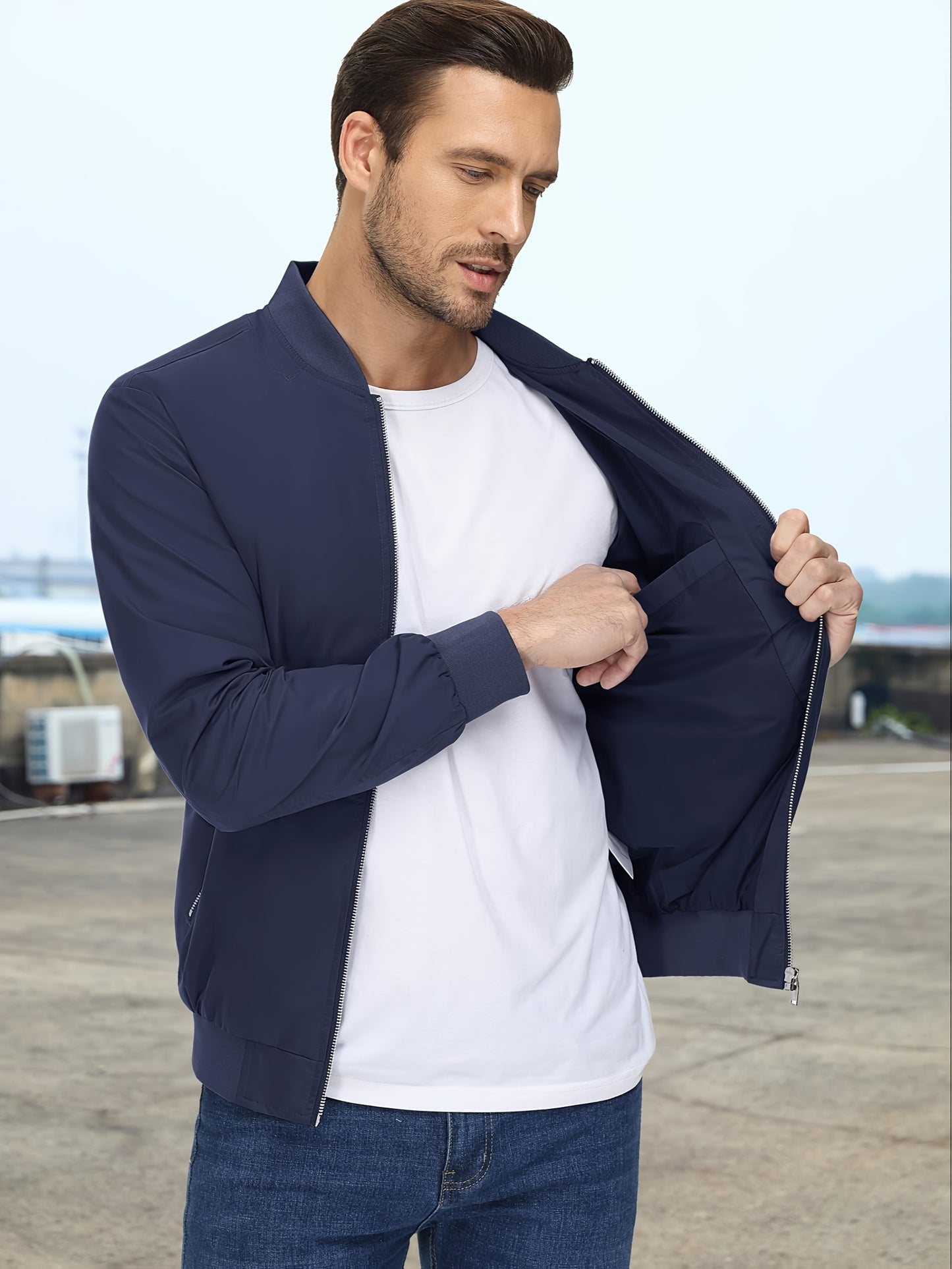 CRYSULLY Men's Light Windproof Bomber Jacket Zip Pockets