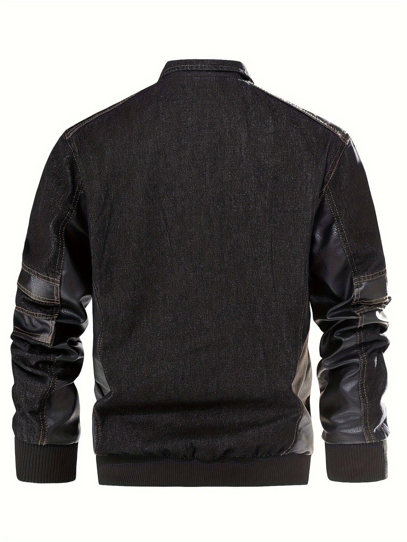 MSOPCCACollar Patchwork Denim Faux Leather Moto Jacket