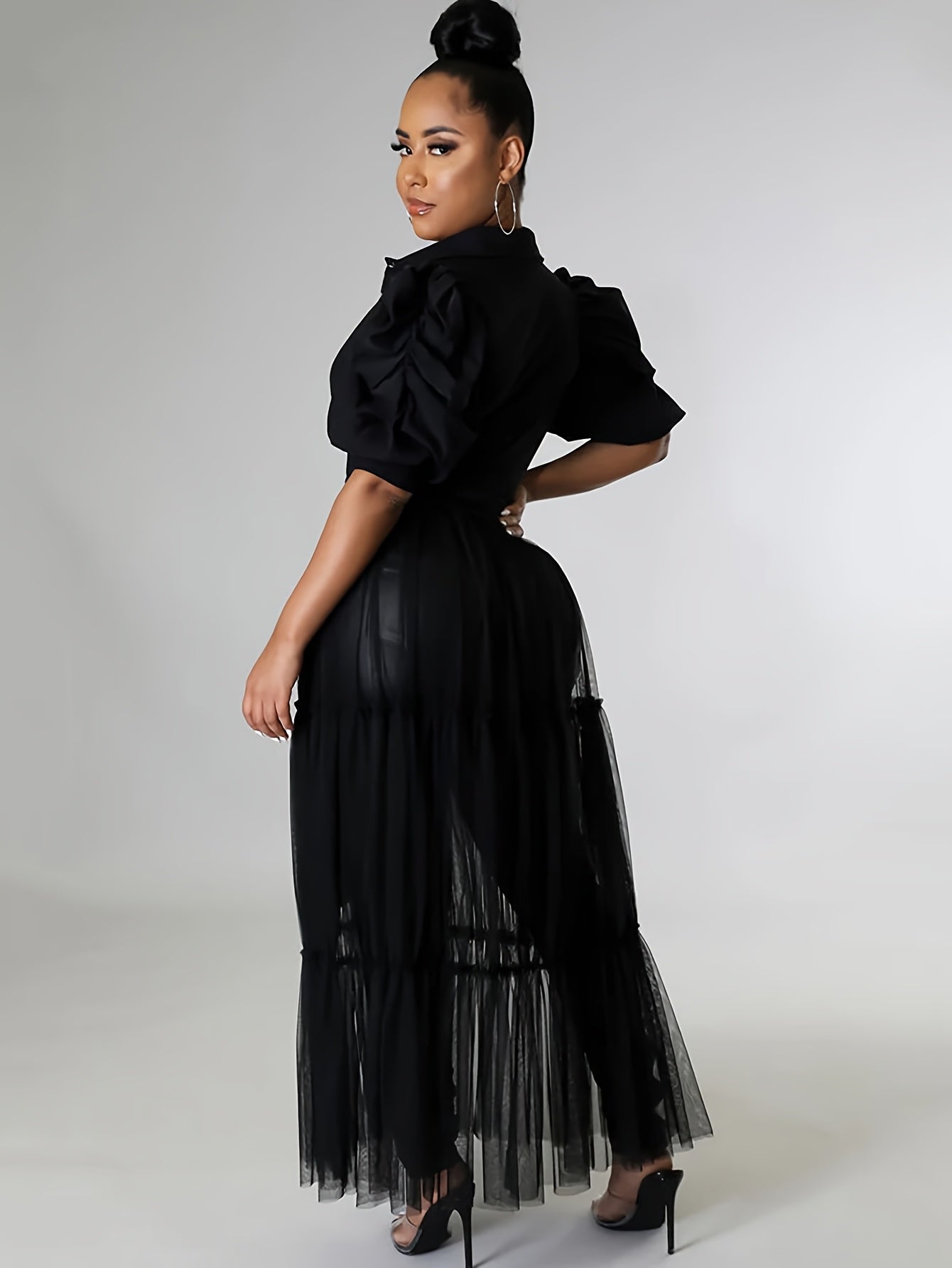 Lapel Collar Fit And Flare Dress Women Short Sleeve Spandex