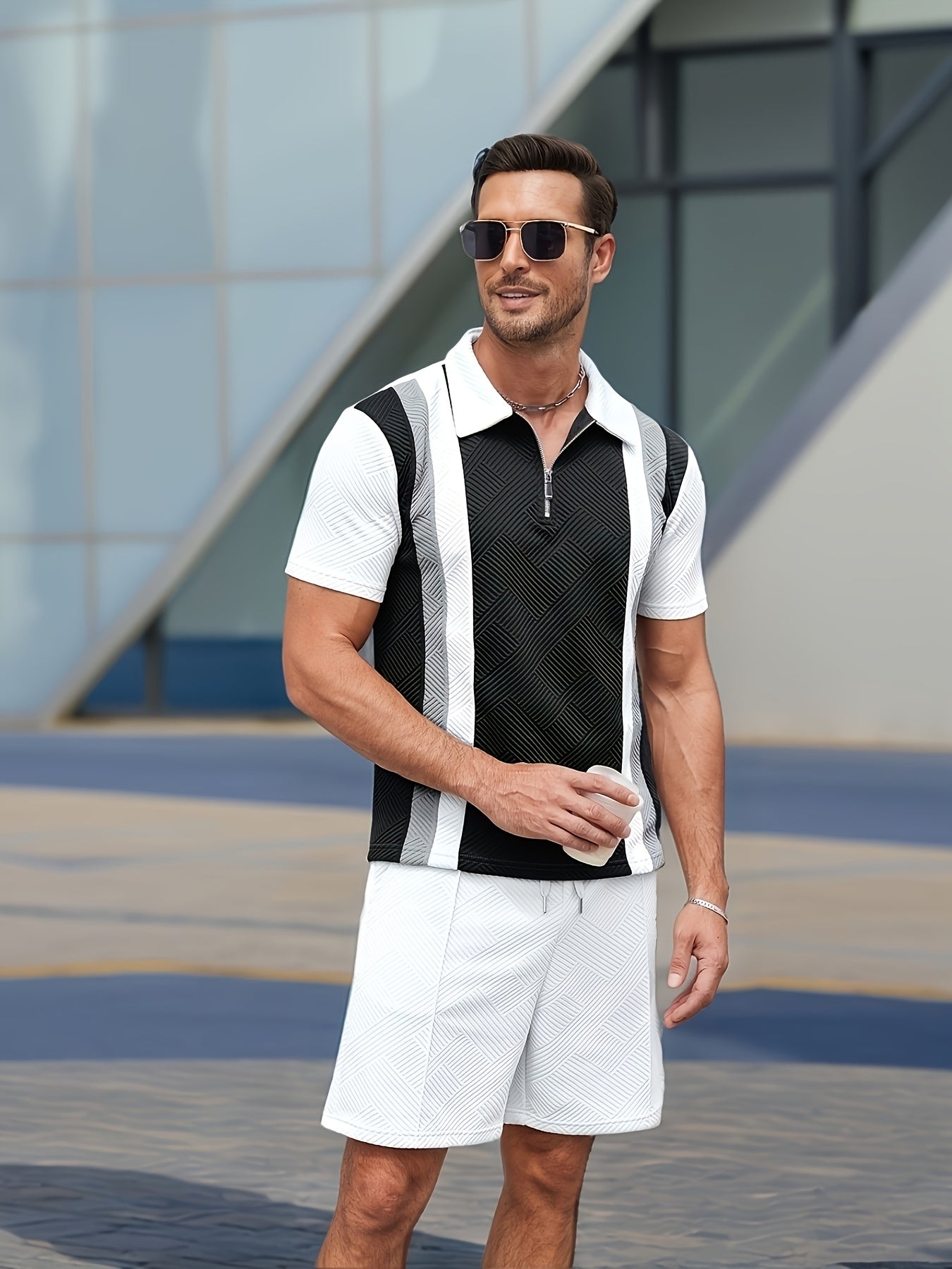 Men's Summer Track Suit 2pc Set Short Sleeve Polo Striped