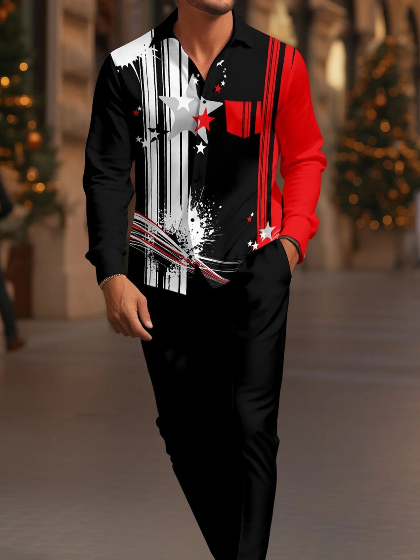 Men's Colorblock TwoPiece Set With Collared Shirt And Pants