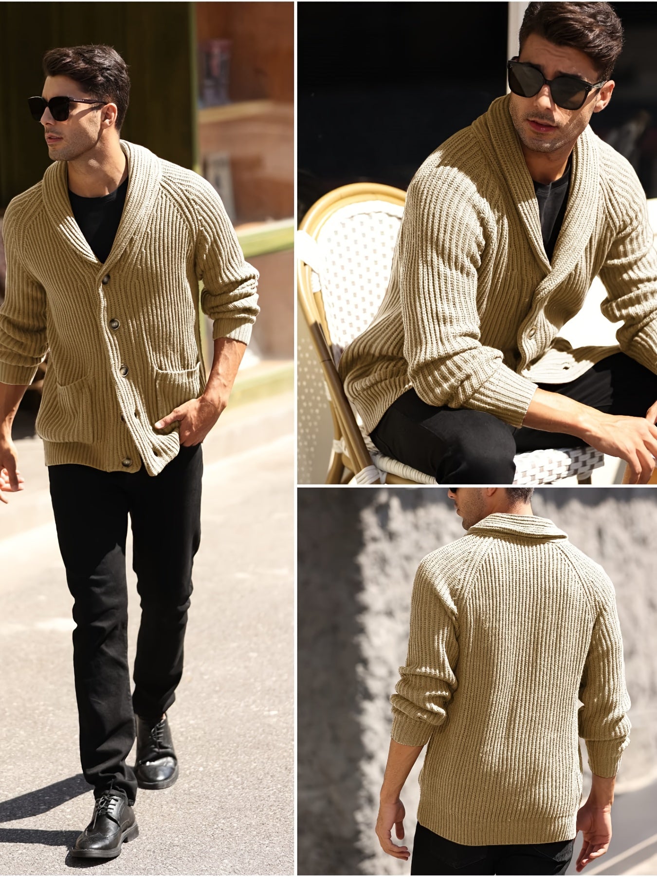 Men's Shawl Collar Cardigan Cable Knit Ribbed Outwear