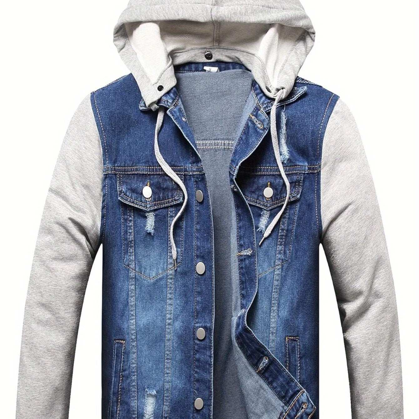 Mens Hooded Denim Style Jacket With Button Front Closure