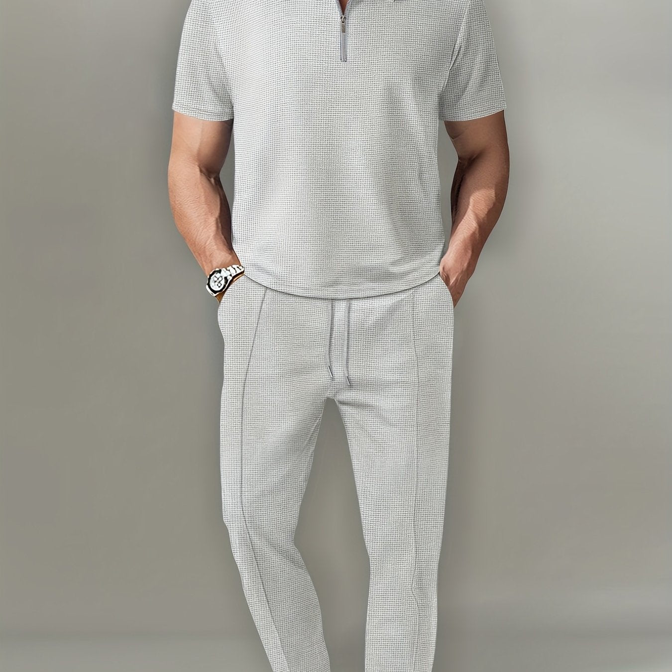 Mens Waffle Collar Short Sleeve Zipper Top Pants Set