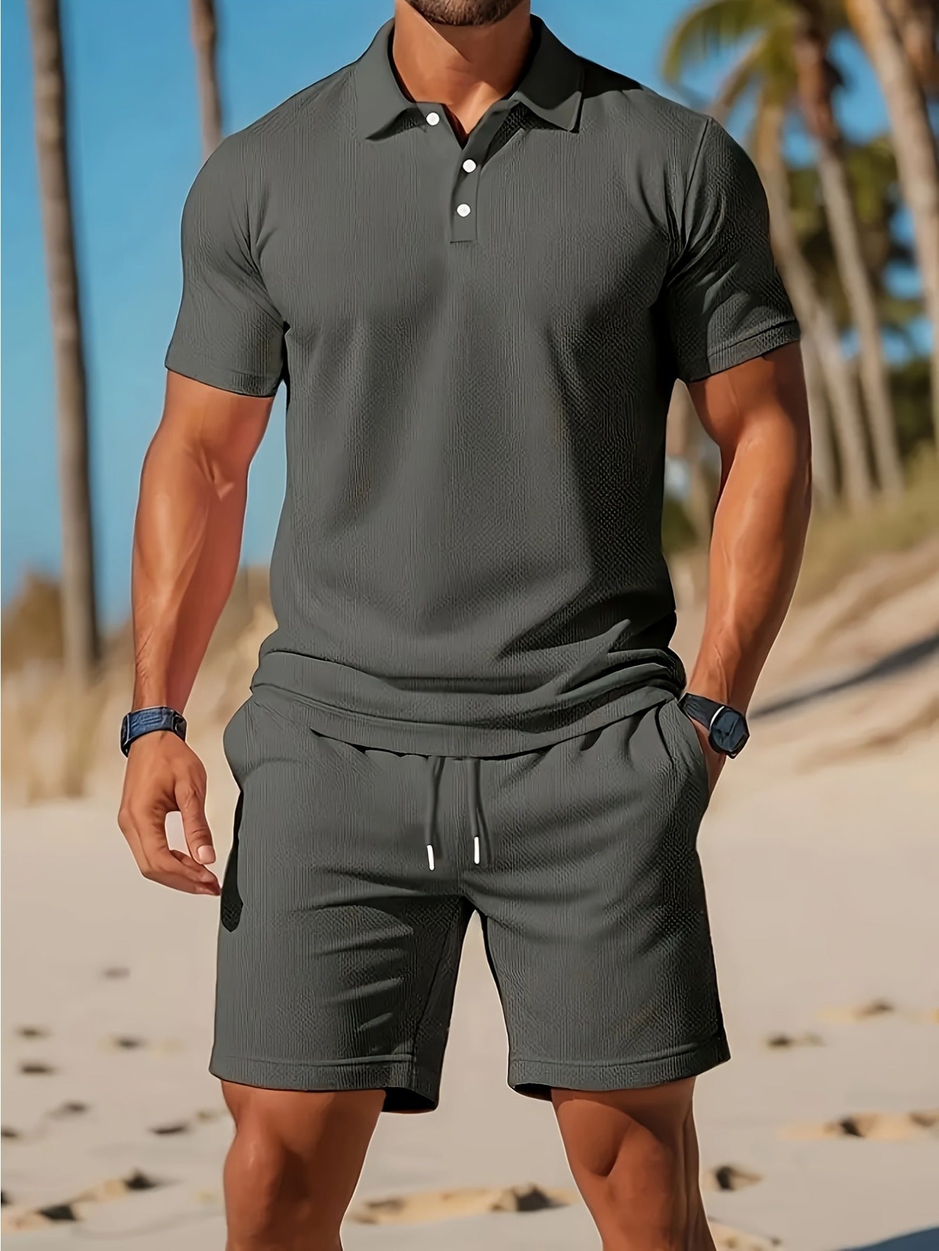Mens Summer Casual 2pc Short Sleeve Shirt And Shorts Set