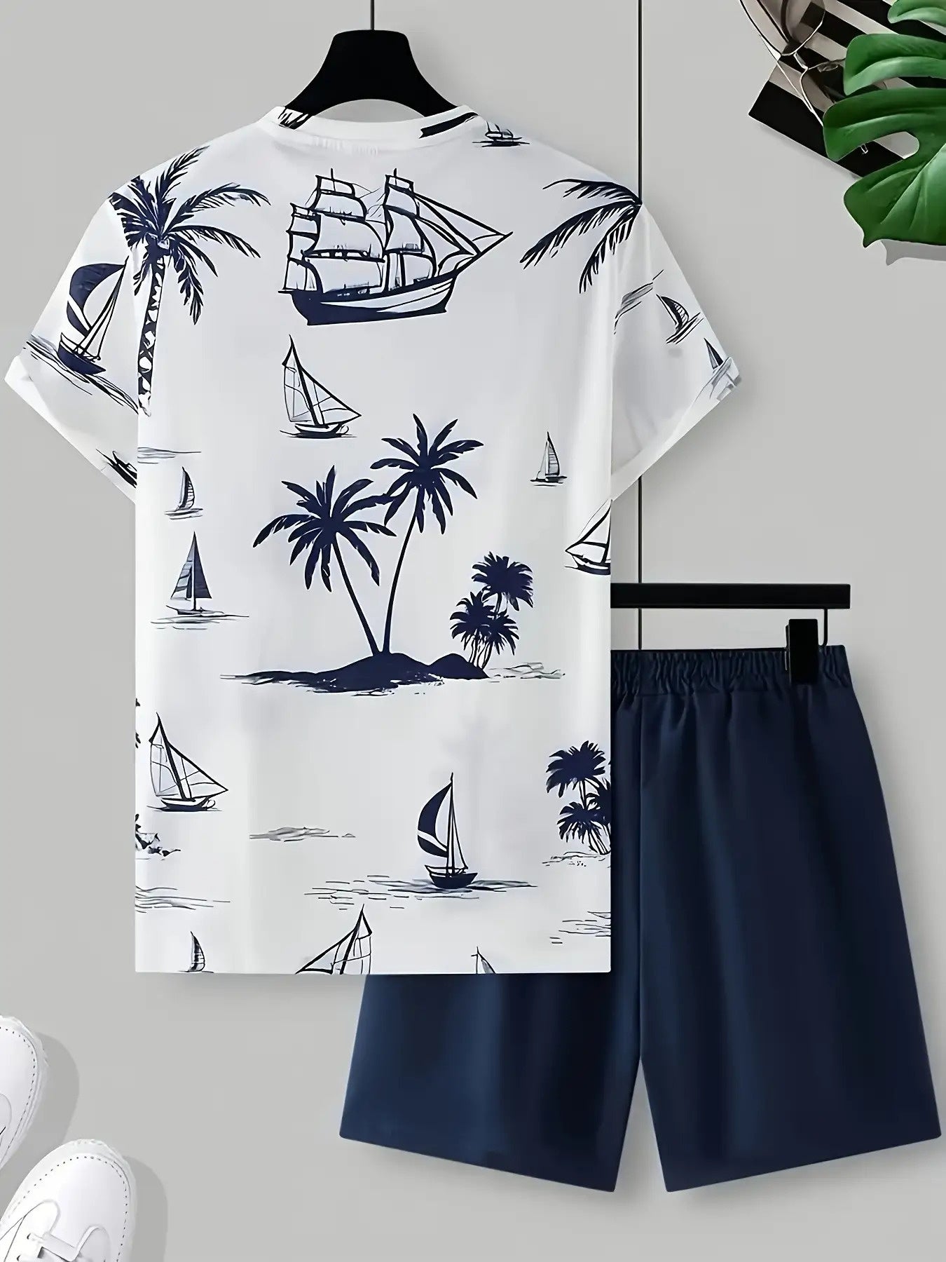 Mens Tropical Palm Nautical Print Tee And Shorts Set