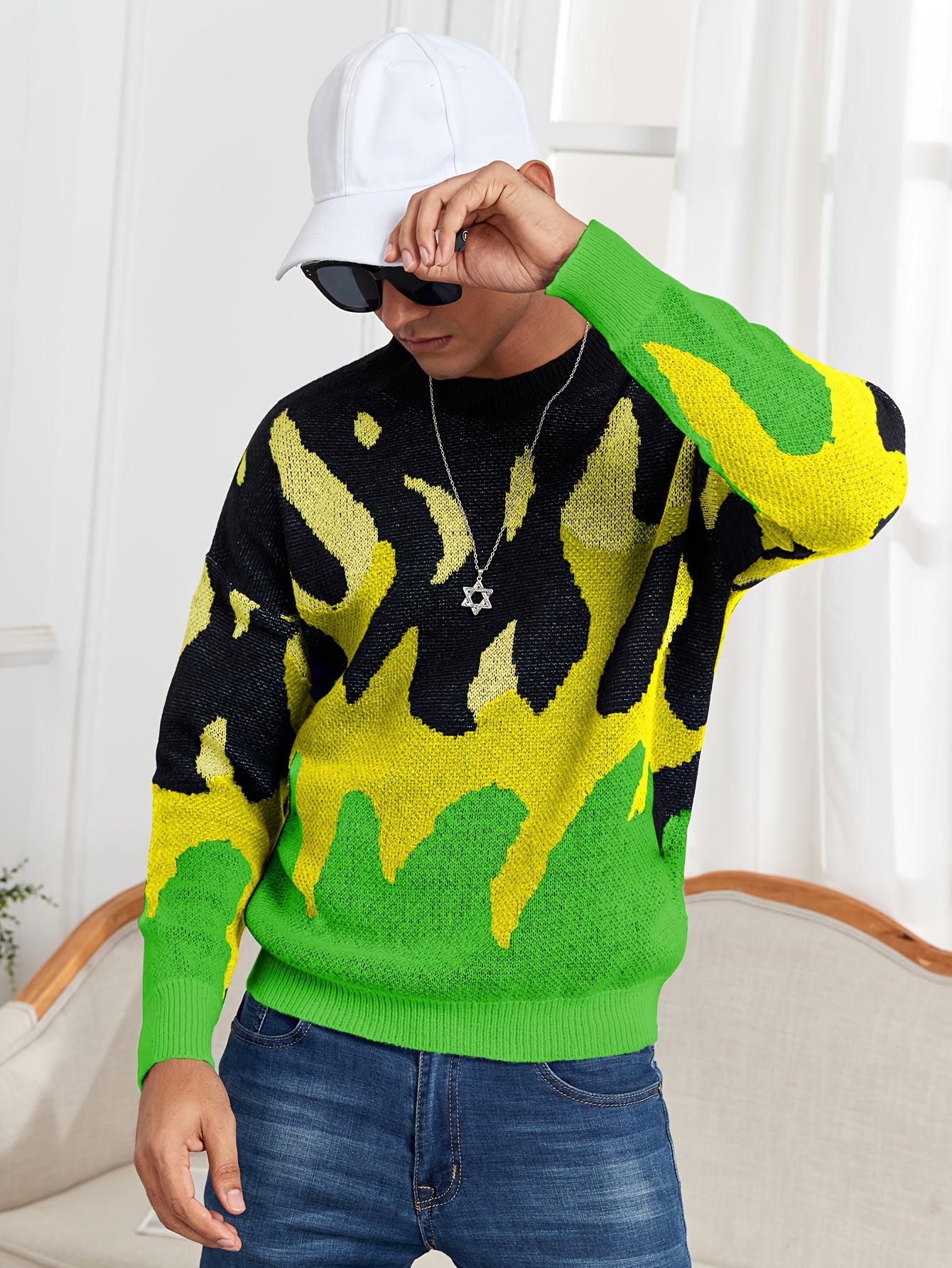 Oversized Crewneck Sweater Flame Graphic Knit For Men Women