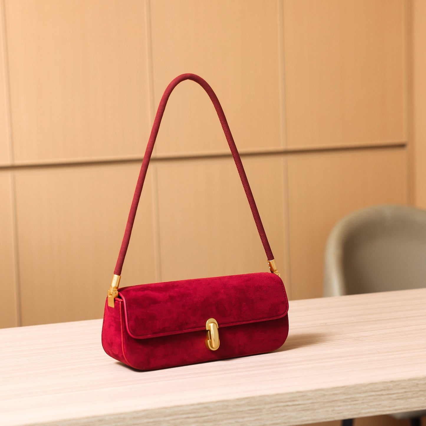 Suede Shoulder Bag Women Chic Baguette Design Lock Closure