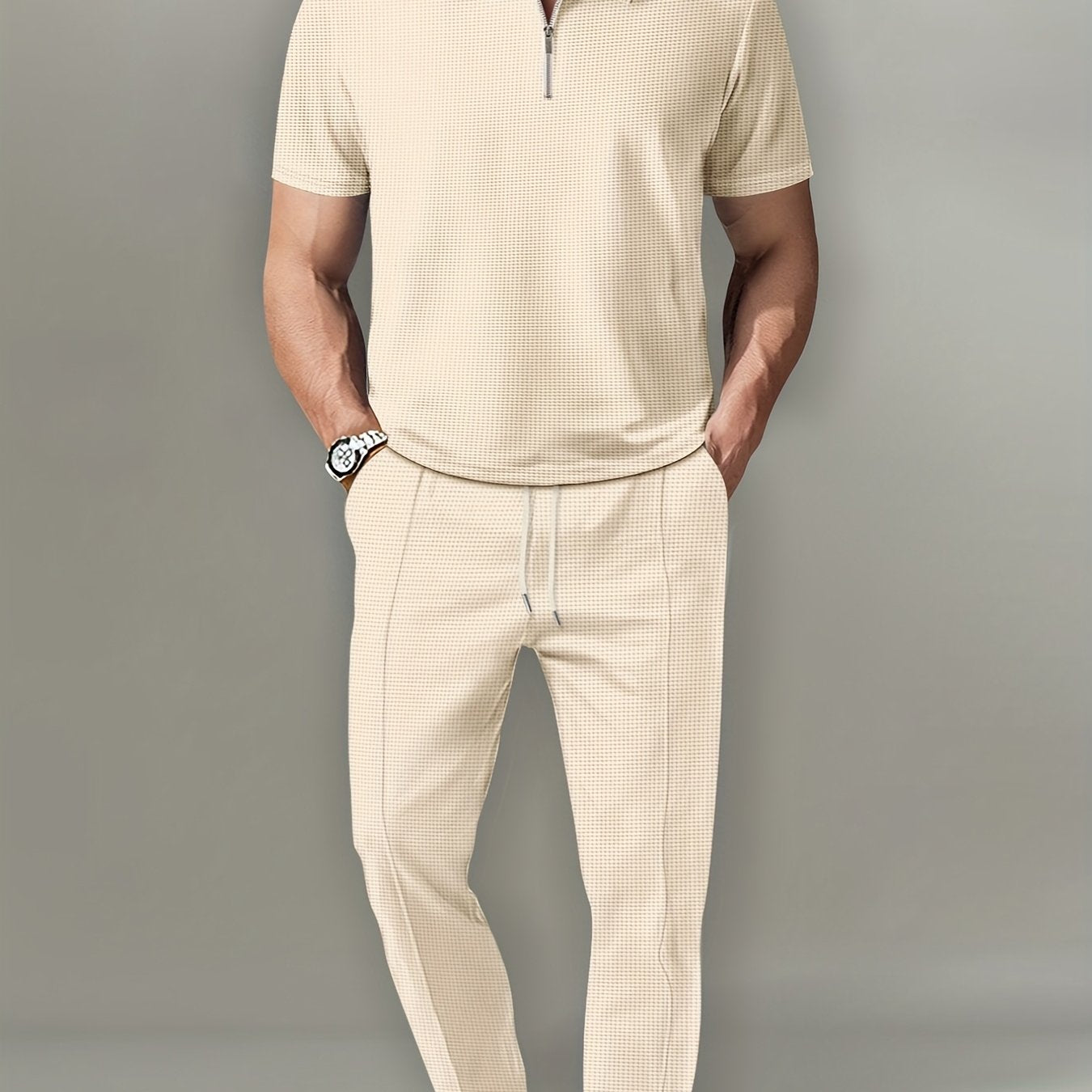 Mens Waffle Collar Short Sleeve Zipper Top Pants Set
