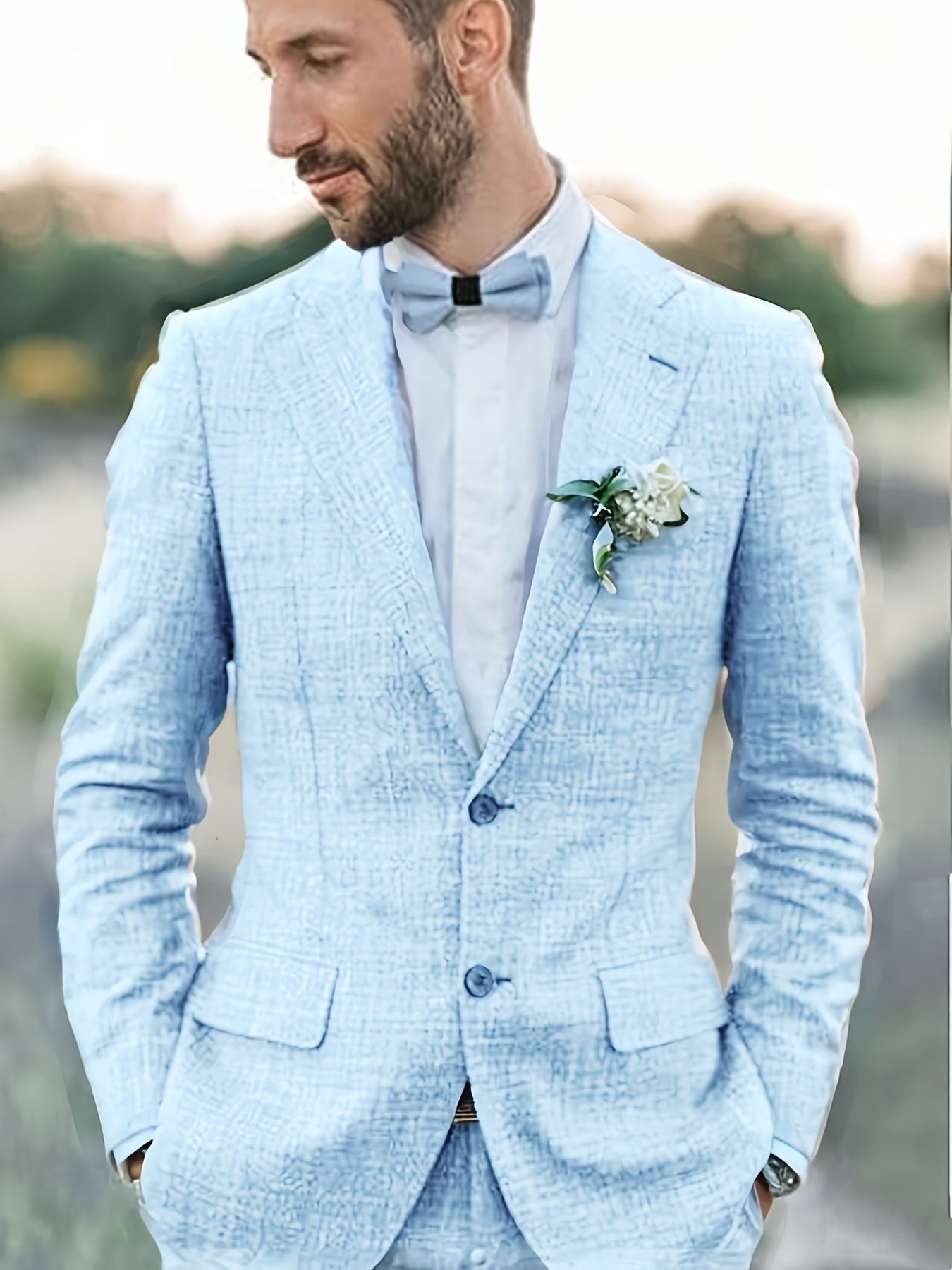 Mens Cotton Linen Two Piece Suit Summer Wedding Formal