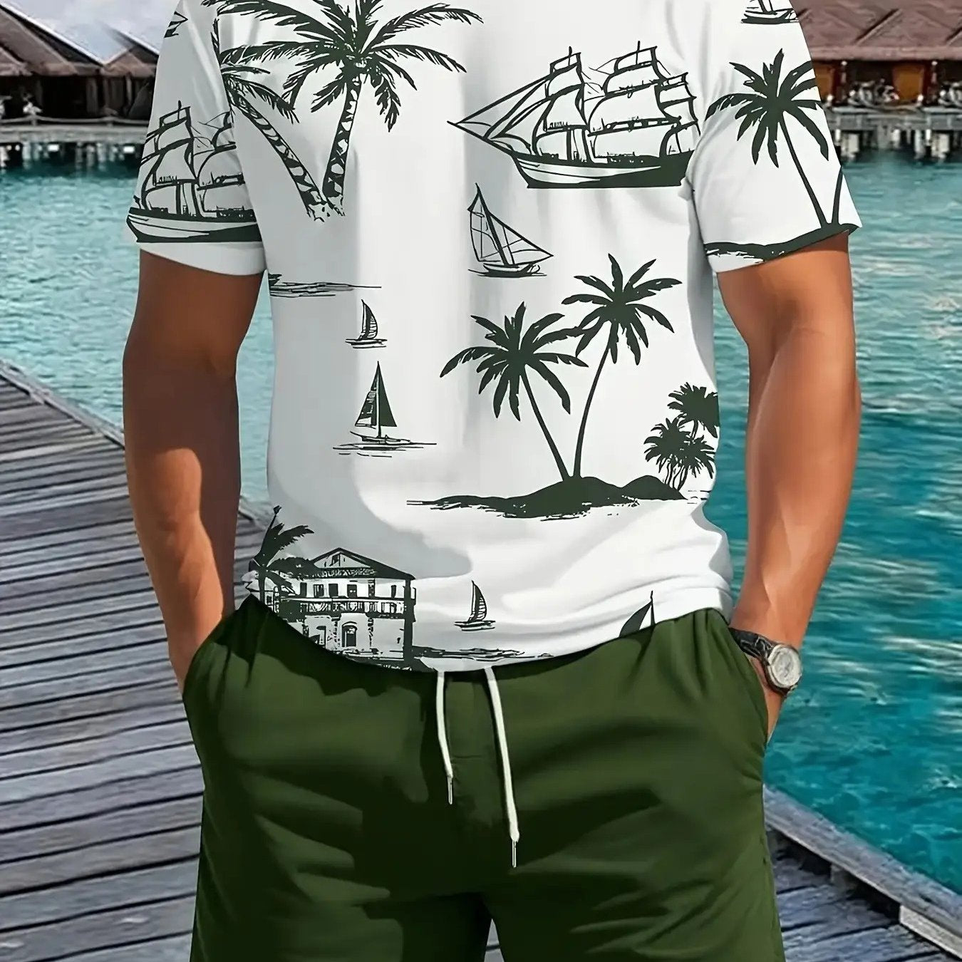 Mens Tropical Palm Nautical Print Tee And Shorts Set