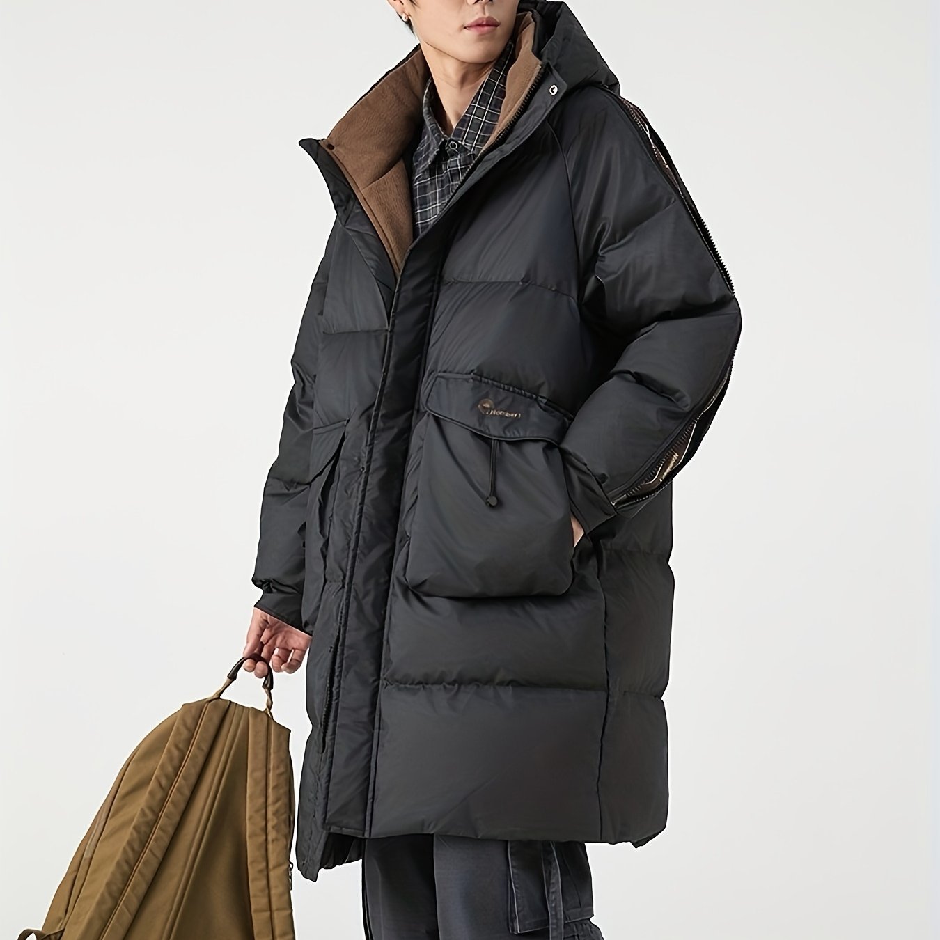 Mens Long Hooded Winter Coat Parka With Zippered Stripes