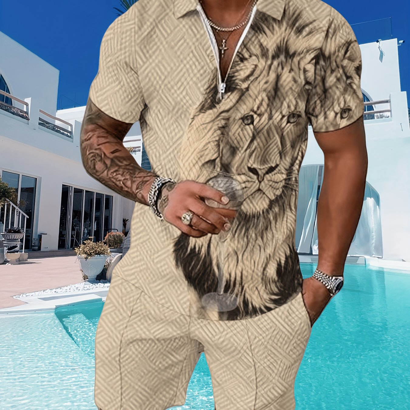 Men's Casual T Shirt Shorts Set Geometric Polyester Fabric