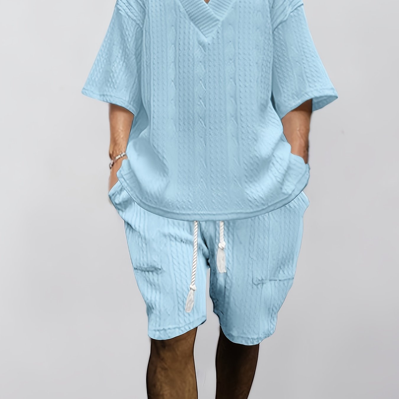 Mens Casual V Neck Knit Sweater And Shorts Set For Summer