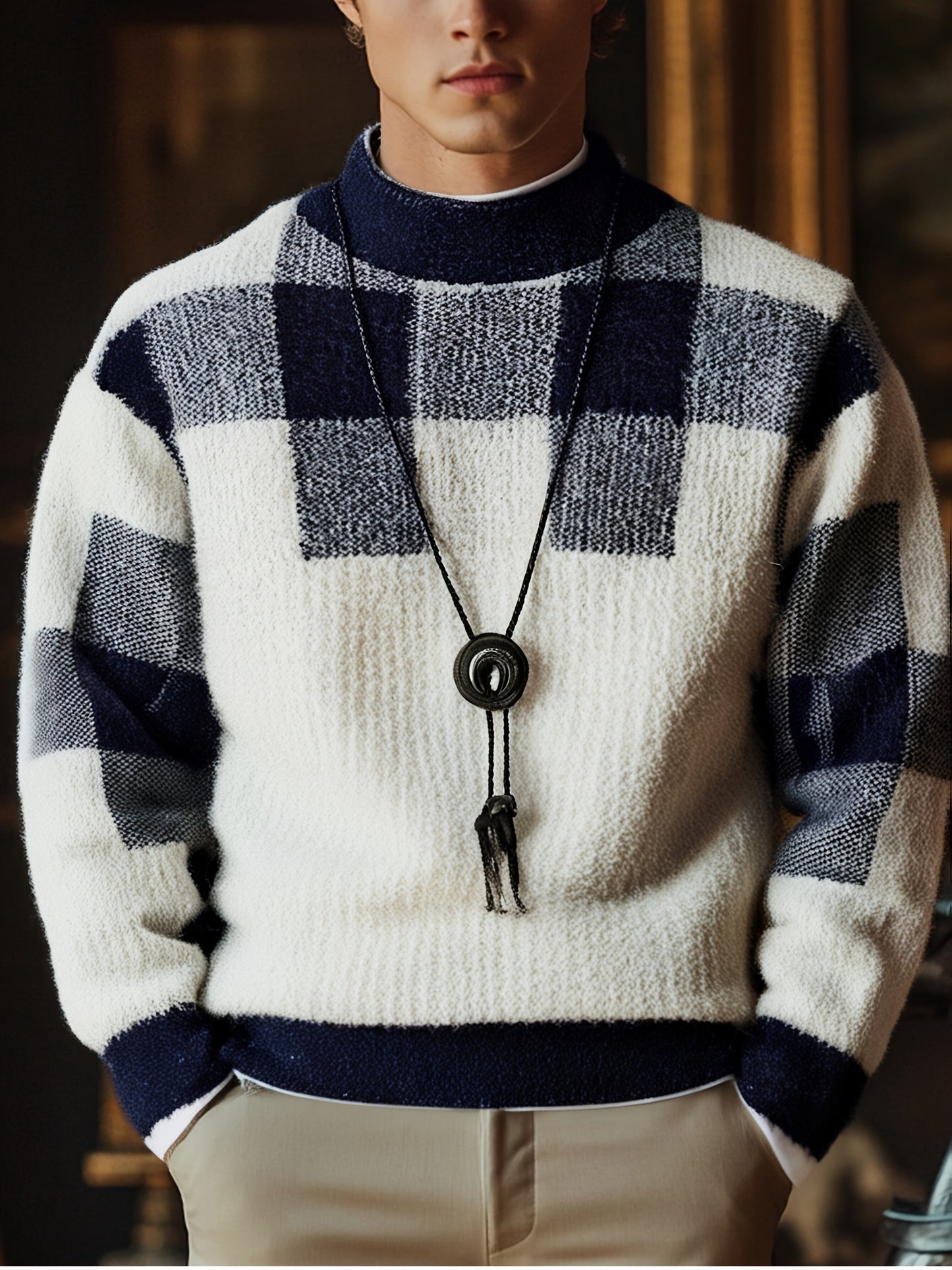Men's Slim Fit Winter Plaid Sweater Warm Knit Round Neck