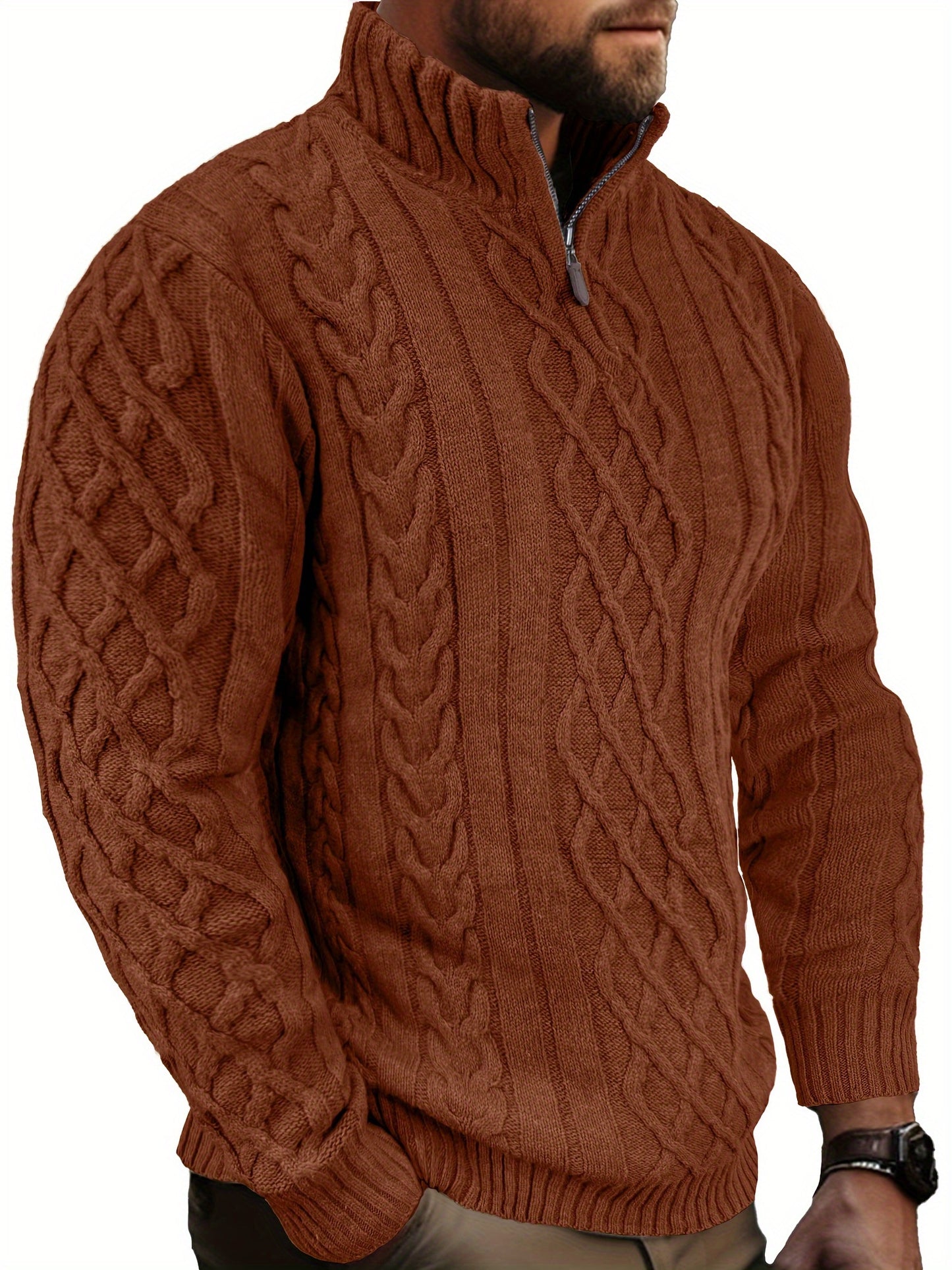 COMDECEVIS Mens Quarter Zip Cable Knit Mock Neck Sweater