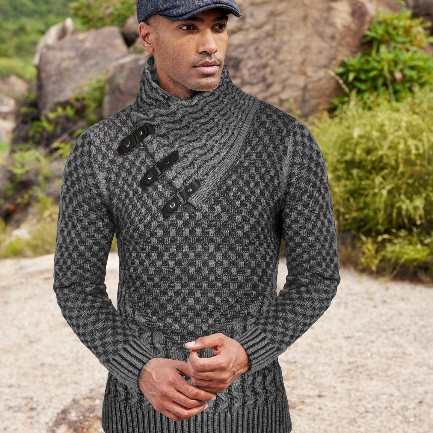 ELESOL Mens Knitted Turtleneck Sweater Slim Fit Pullover