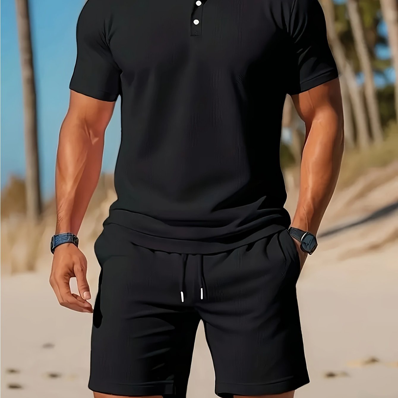 Mens Summer Casual 2pc Short Sleeve Shirt And Shorts Set