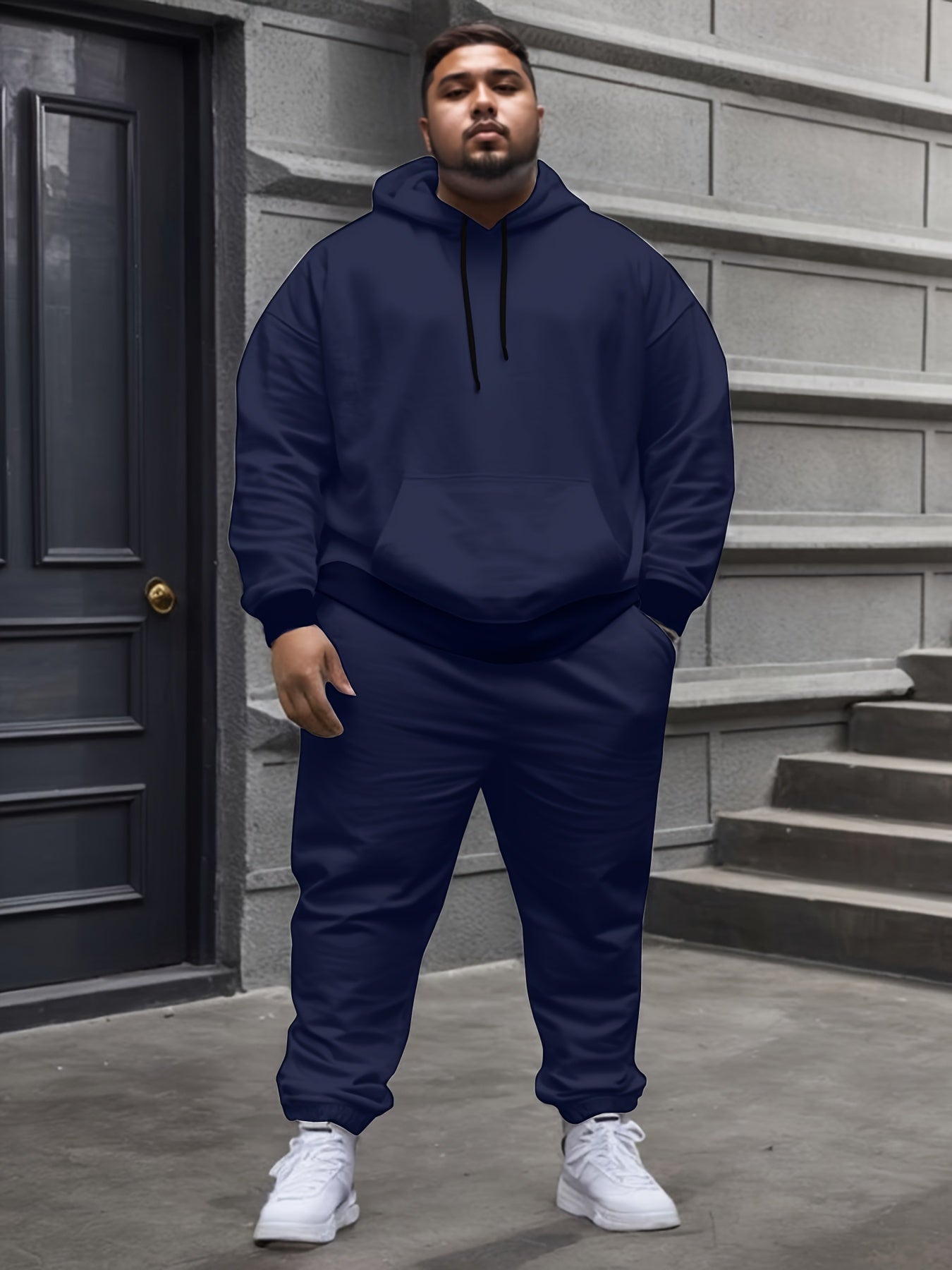 Plus Size Men's Hooded Fleece-Lined Sweatshirt Casual Set