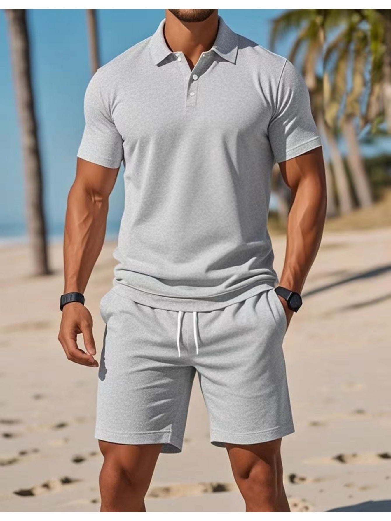 Mens Summer Casual 2pc Short Sleeve Shirt And Shorts Set