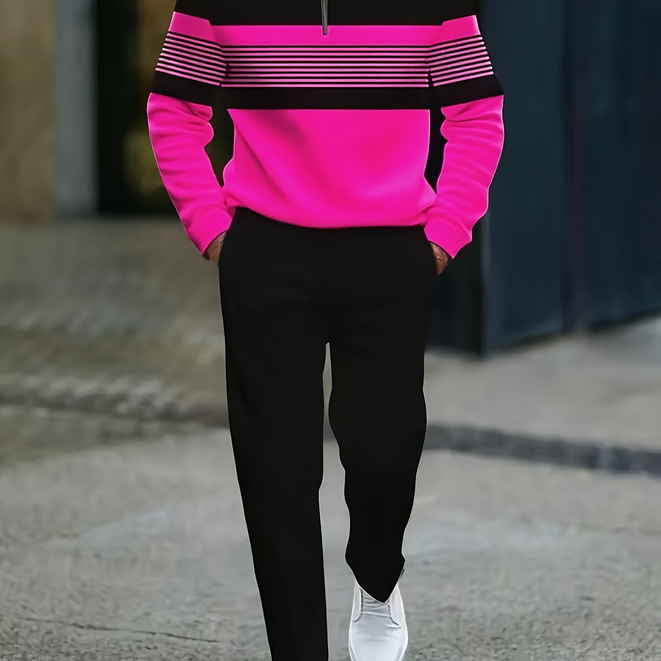 Mens Casual Striped Two Piece Set With Zip Front Jacket