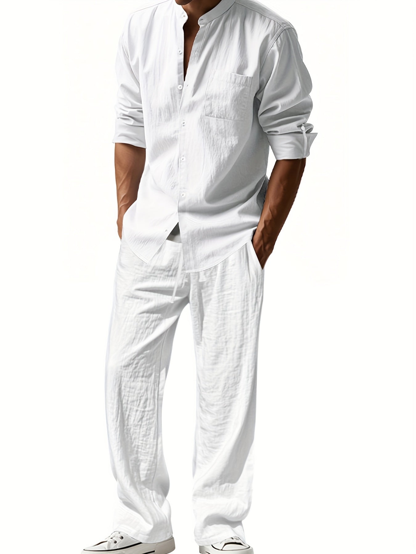 Mens Breathable Linen Suit Set Two Piece Office Wear