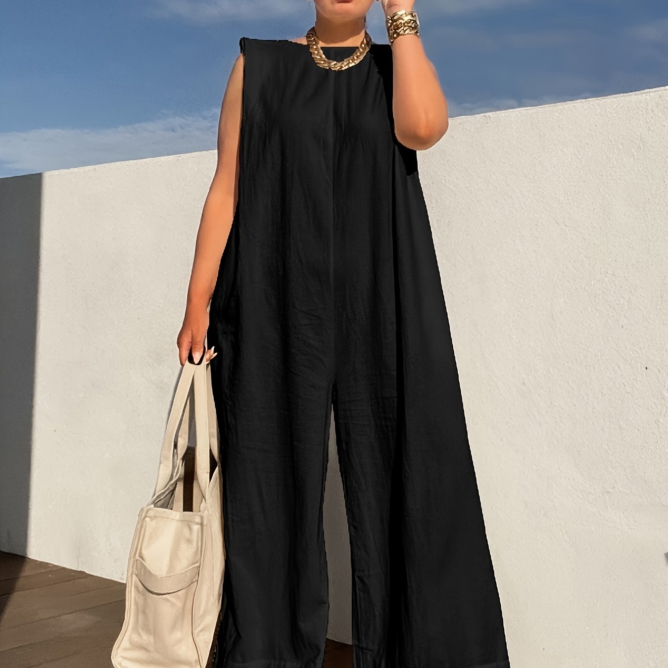 Casual Sleeveless Wide Leg Jumpsuit For Women Boat Neck