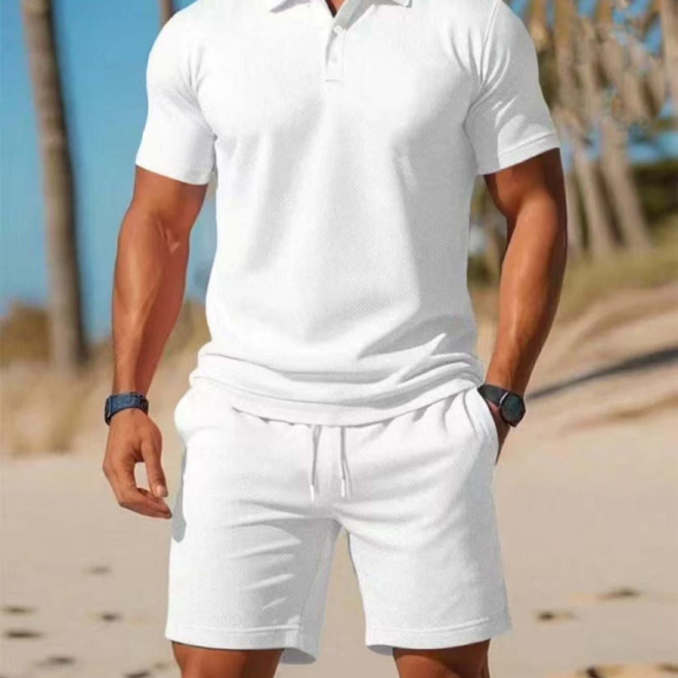 Mens Summer Casual 2pc Short Sleeve Shirt And Shorts Set