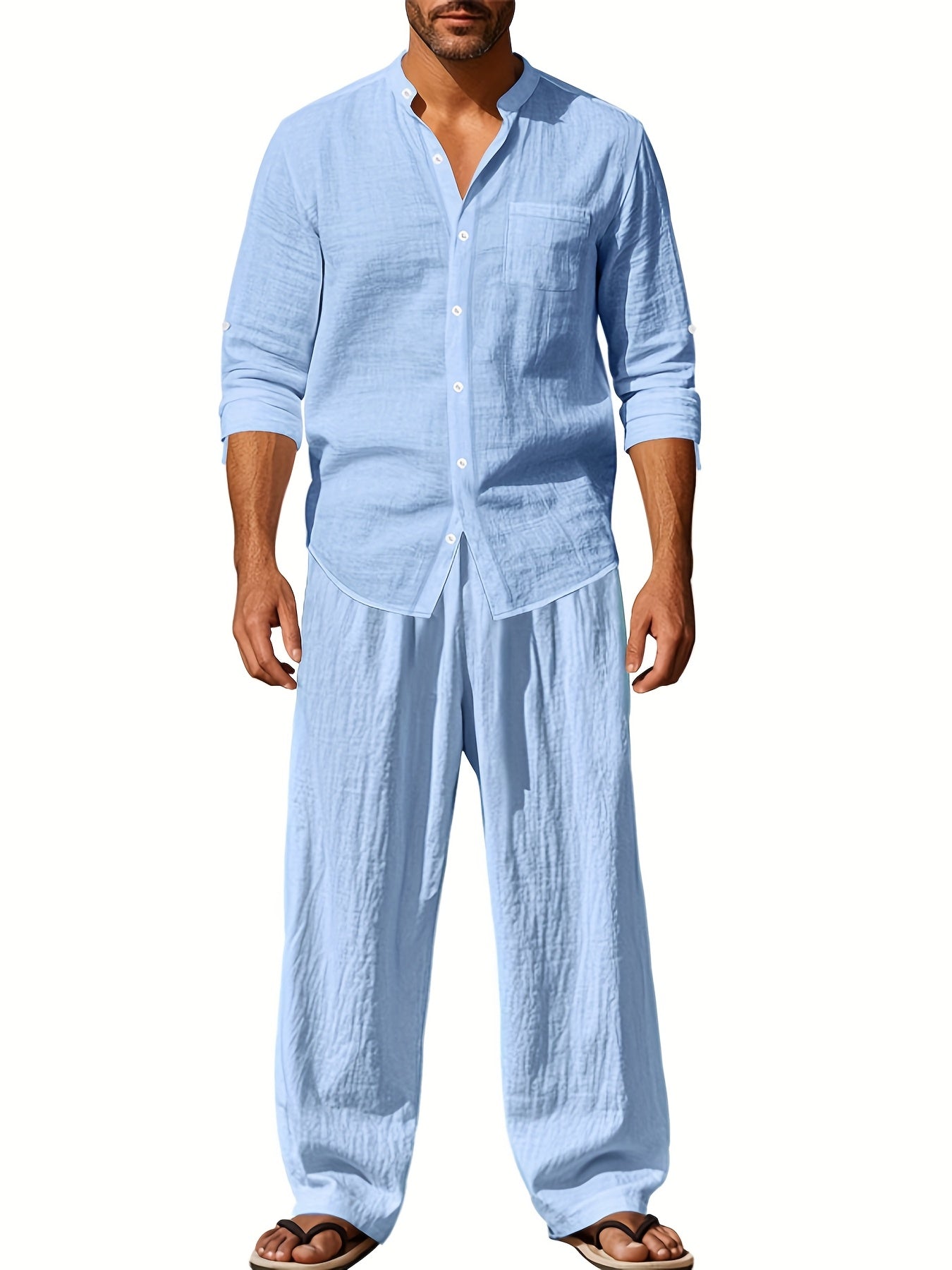 Mens Breathable Linen Suit Set Two Piece Office Wear