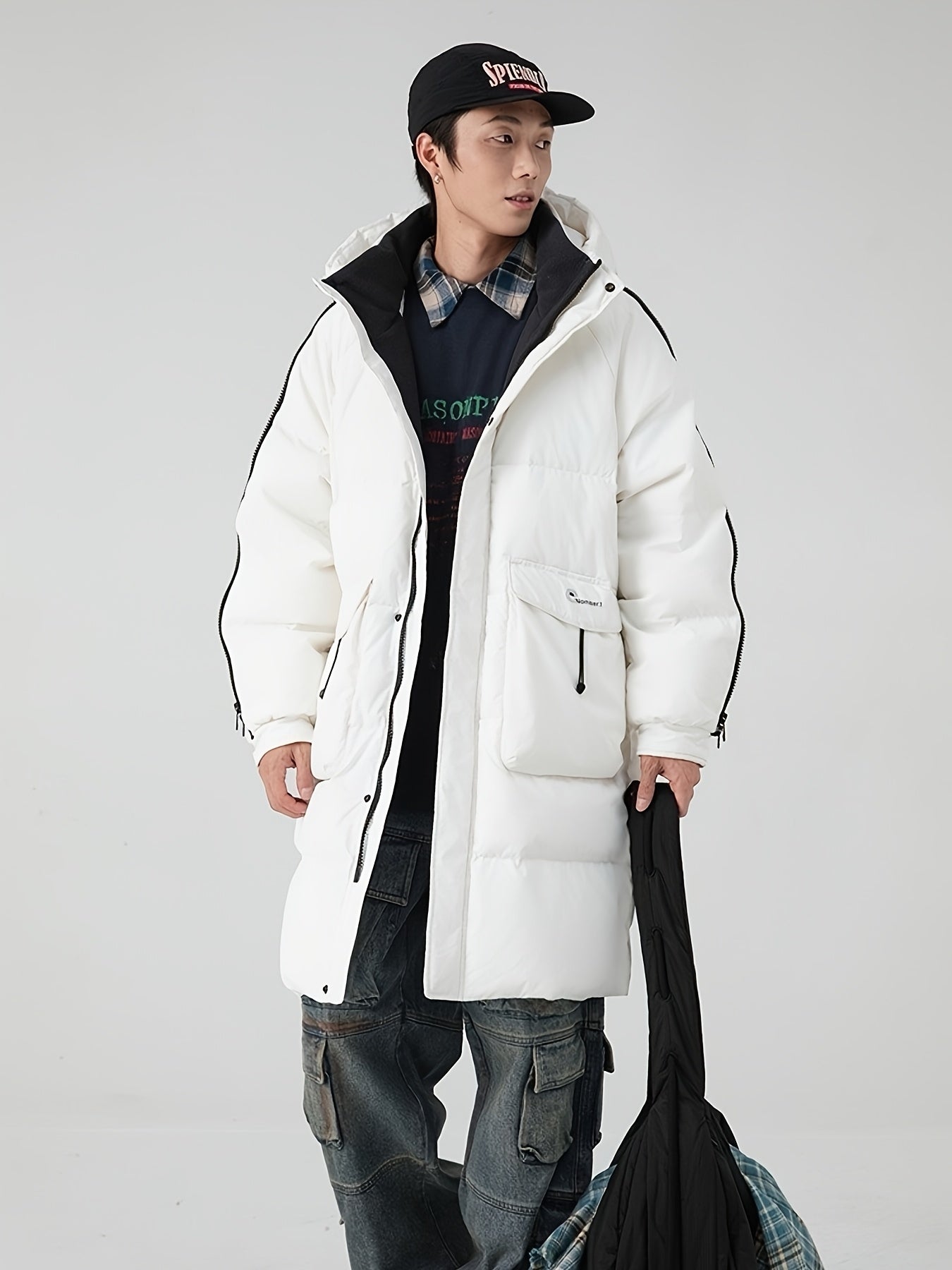 Mens Long Hooded Winter Coat Parka With Zippered Stripes