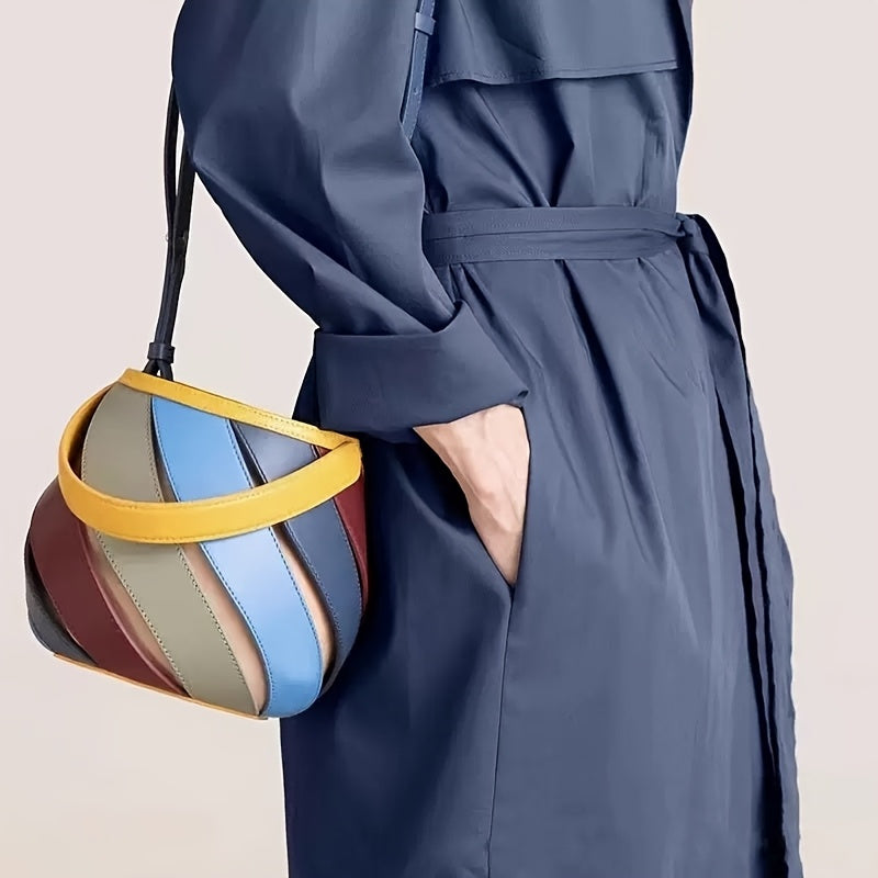 Genuine Leather Rainbow Color-Block Bucket Bag by Unknown Brand
