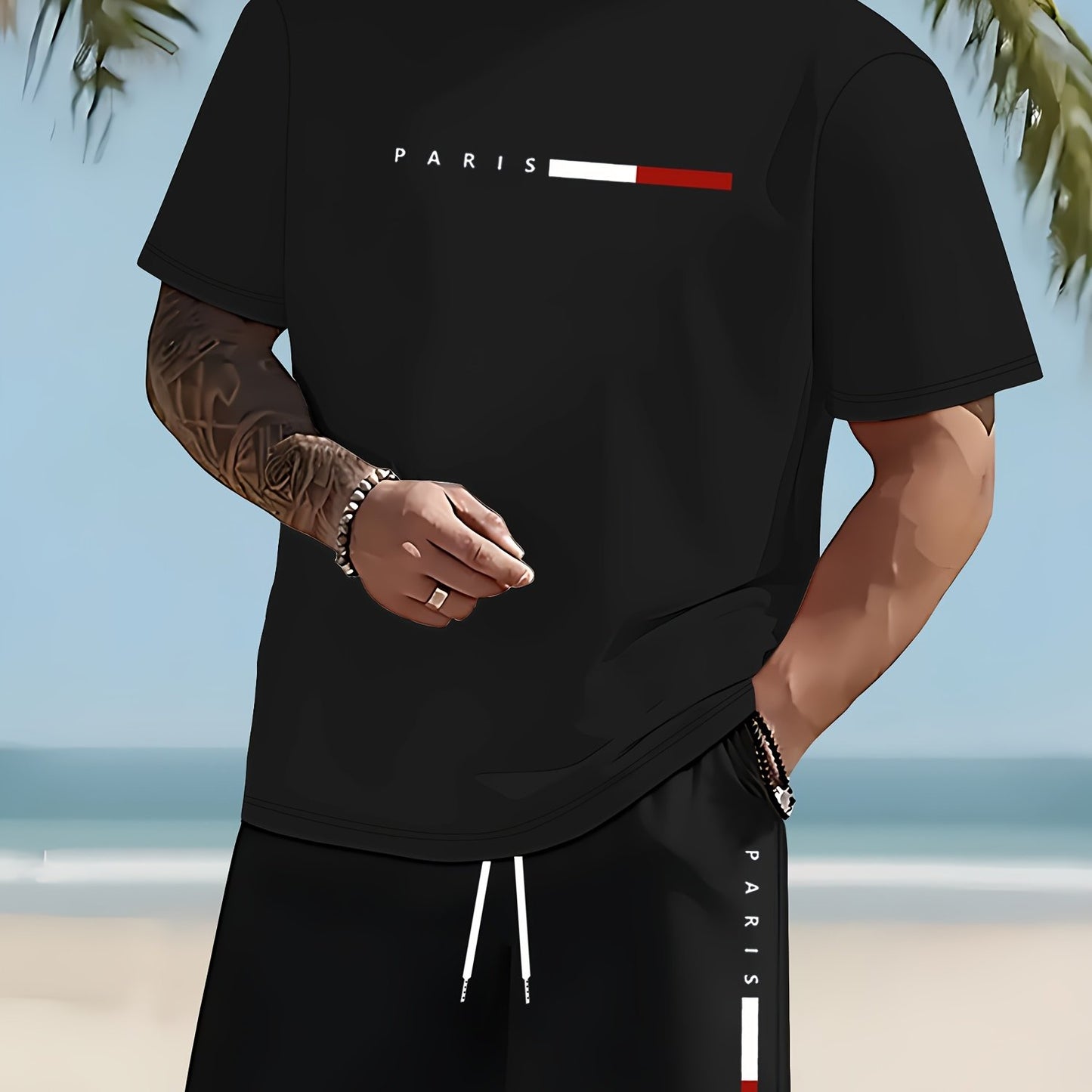 Men's Paris Print Two Piece Casual Sportswear Set Regular