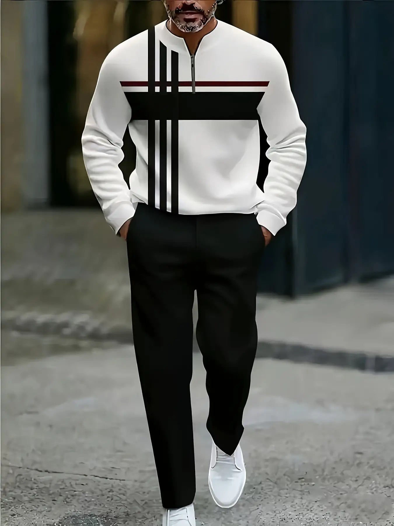 Men's Long Sleeve Tracksuit Set With Bold Contrast Stripes