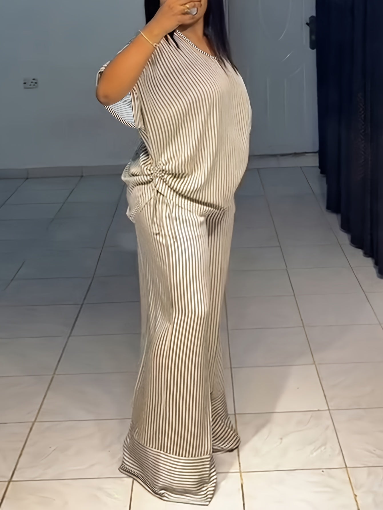 LAFOLIE Casual Striped Polyester Two Piece Set With Pockets