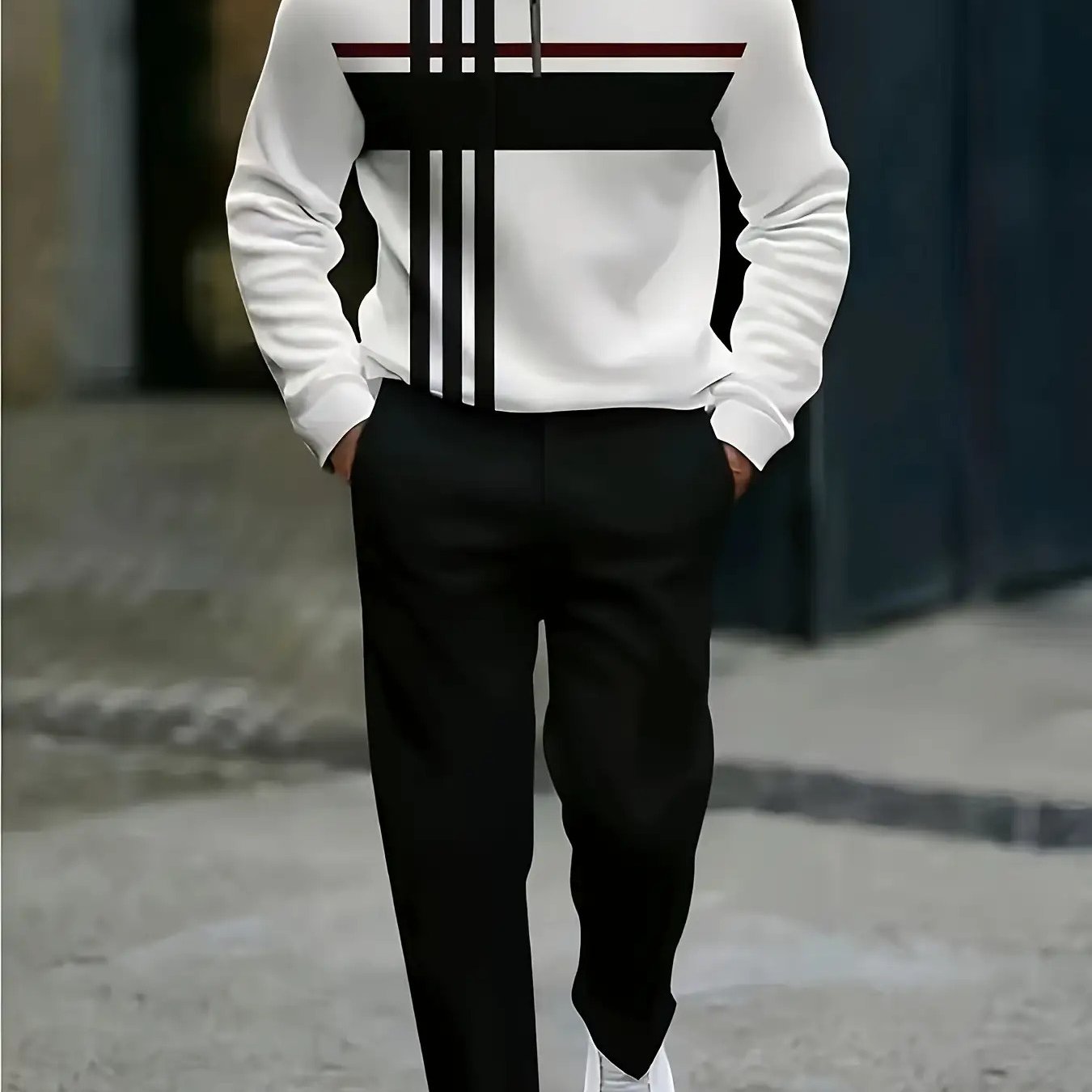 Men's Long Sleeve Tracksuit Set With Bold Contrast Stripes