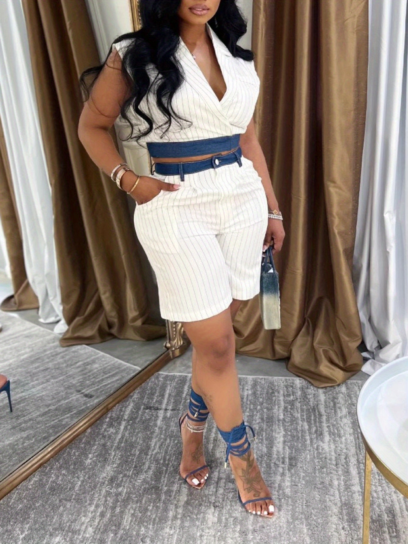 Two Piece Womens Spliced Sleeveless Vest Shorts Set