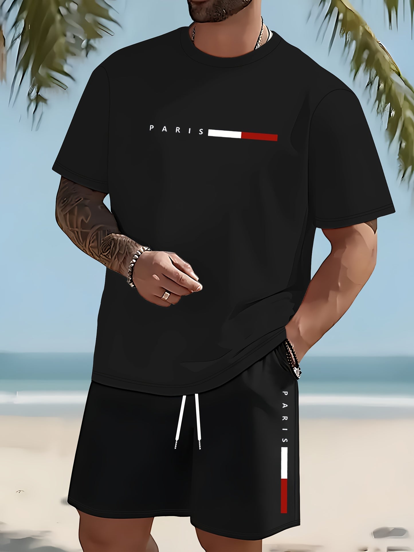 Men's Paris Print Two Piece Casual Sportswear Set Regular