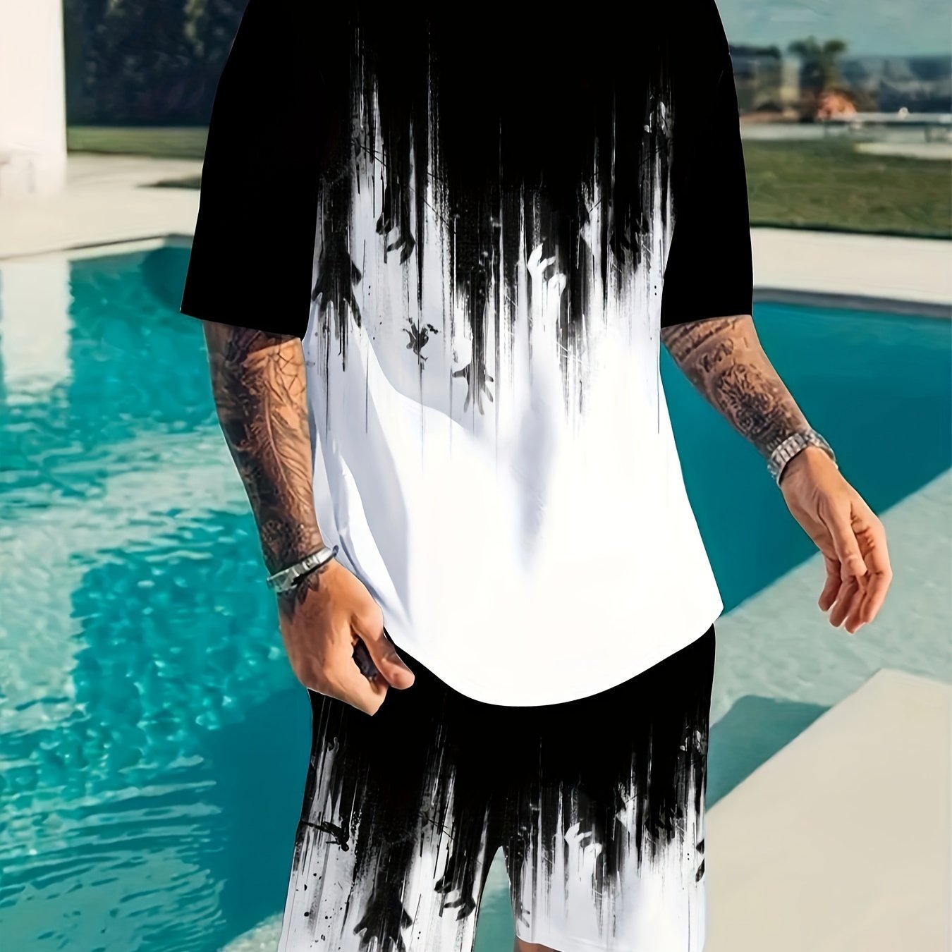 2 Piece Men's Casual T Shirt And Shorts Set Print Polyester