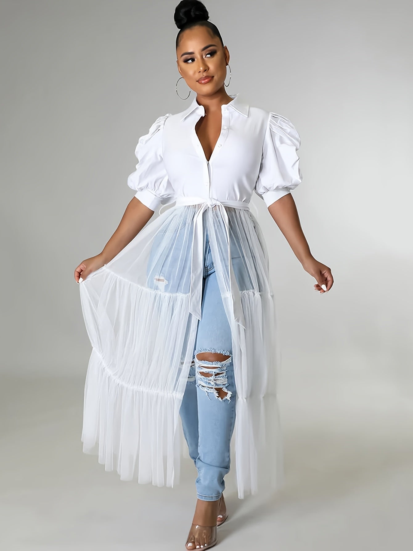Lapel Collar Fit And Flare Dress Women Short Sleeve Spandex