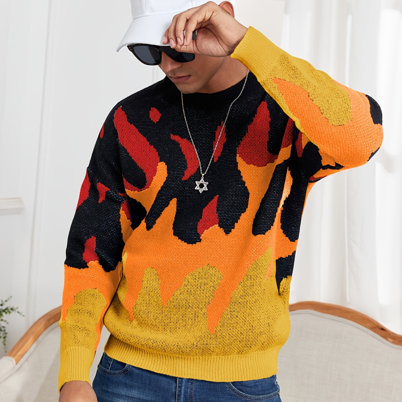 Oversized Crewneck Sweater Flame Graphic Knit For Men Women