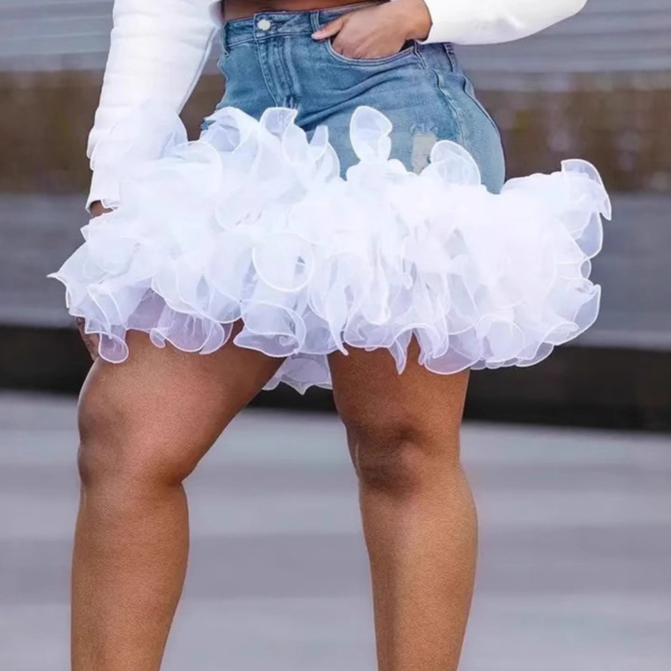 Denim And Tulle Wrap Skirt For Women Machine Washable