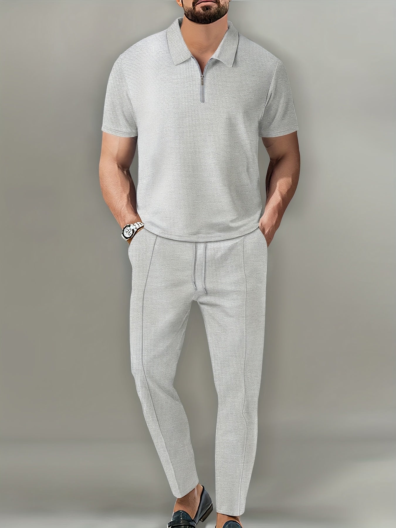 Mens Waffle Collar Short Sleeve Zipper Top Pants Set